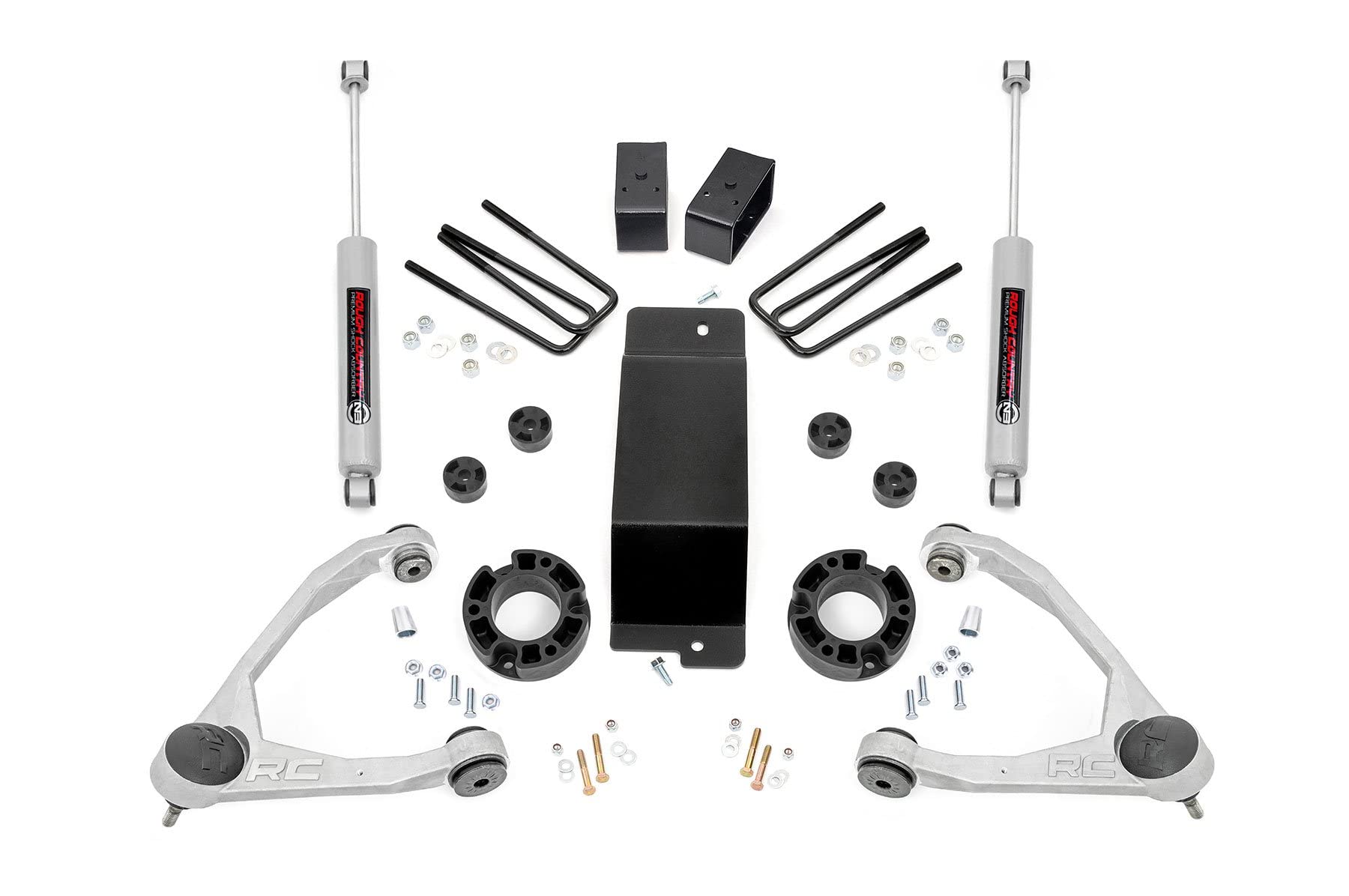 Rough Country 3.5" Lift Kit with N3 Rear Shocks/Strut Spacers for Chevy Silverado & GMC Sierra 1500 (2007-2016) - Silver Control Arms