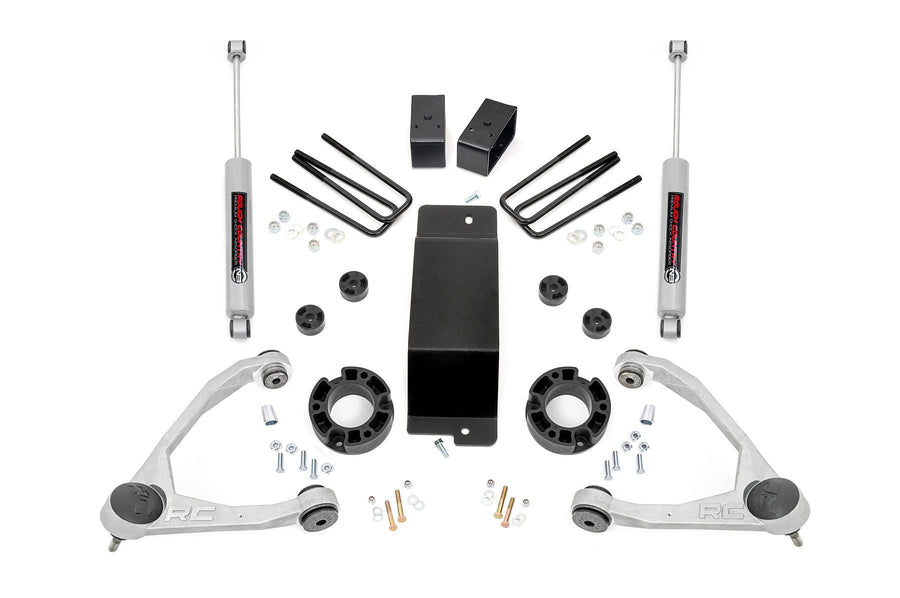Rough Country 3.5" Lift Kit with N3 Rear Shocks/Strut Spacers for Chevy Silverado & GMC Sierra 1500 (2007-2016) - Silver Control Arms