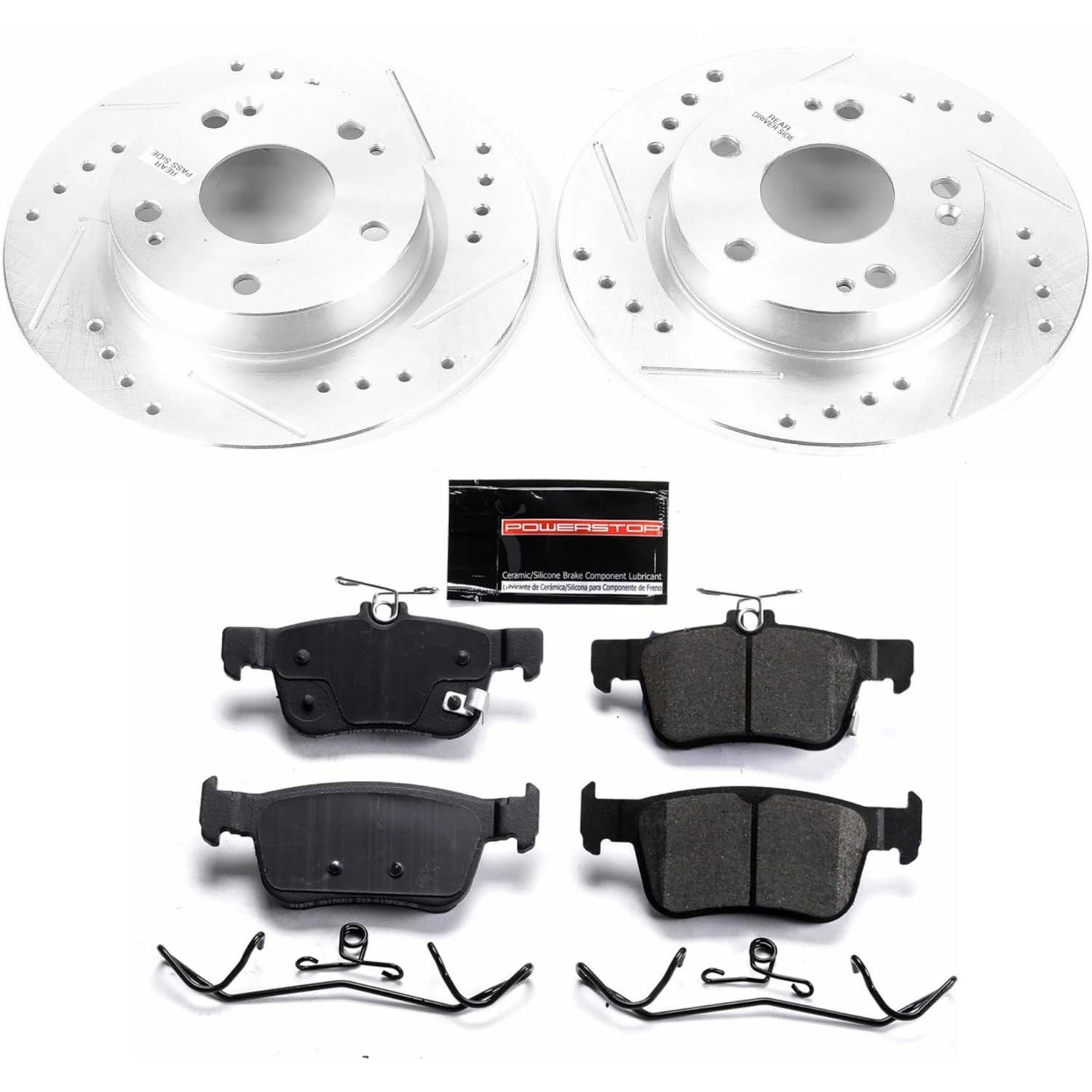 Power Stop K7725 Rear Brake Pads Z23 Carbon Fiber with Drilled & Slotted Brake Rotors Kit For 2016 2017 2018 2019 2020 2021 Honda Civic [Application Specific]