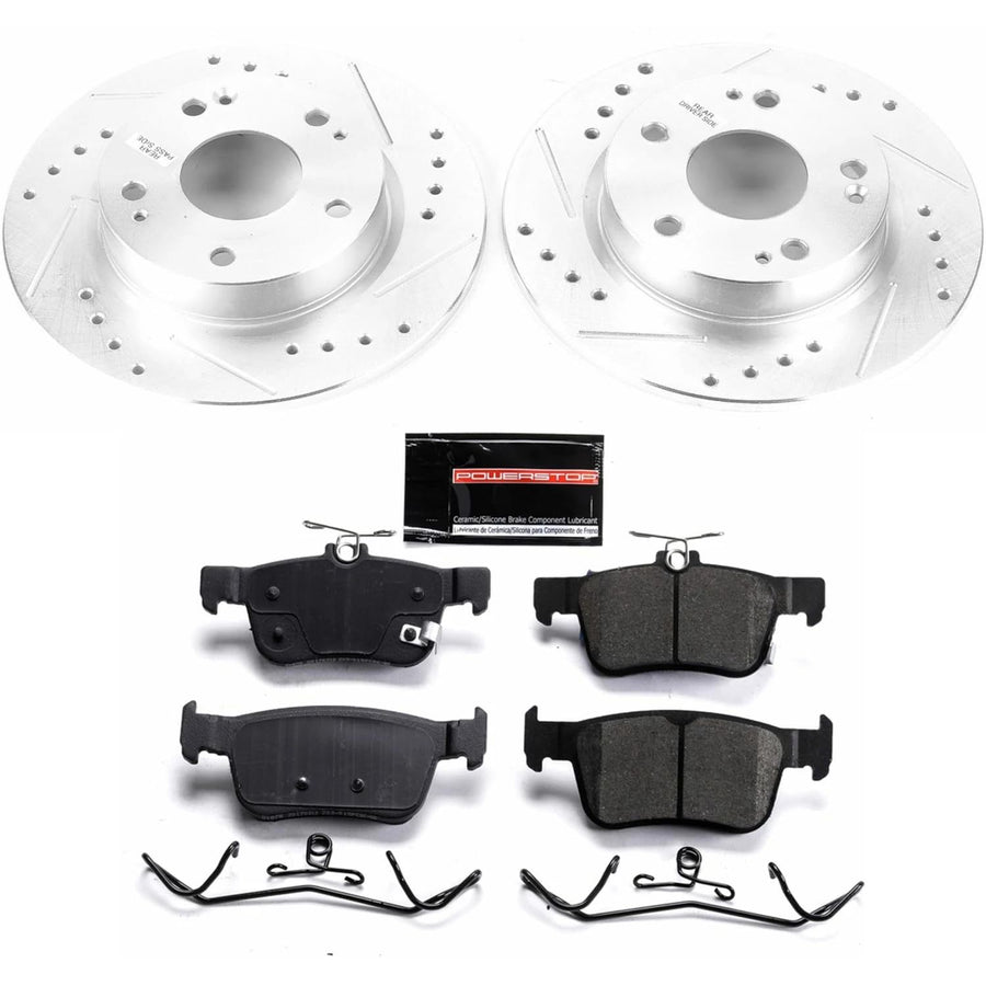Power Stop K7725 Rear Brake Pads Z23 Carbon Fiber with Drilled & Slotted Brake Rotors Kit For 2016 2017 2018 2019 2020 2021 Honda Civic [Application Specific]