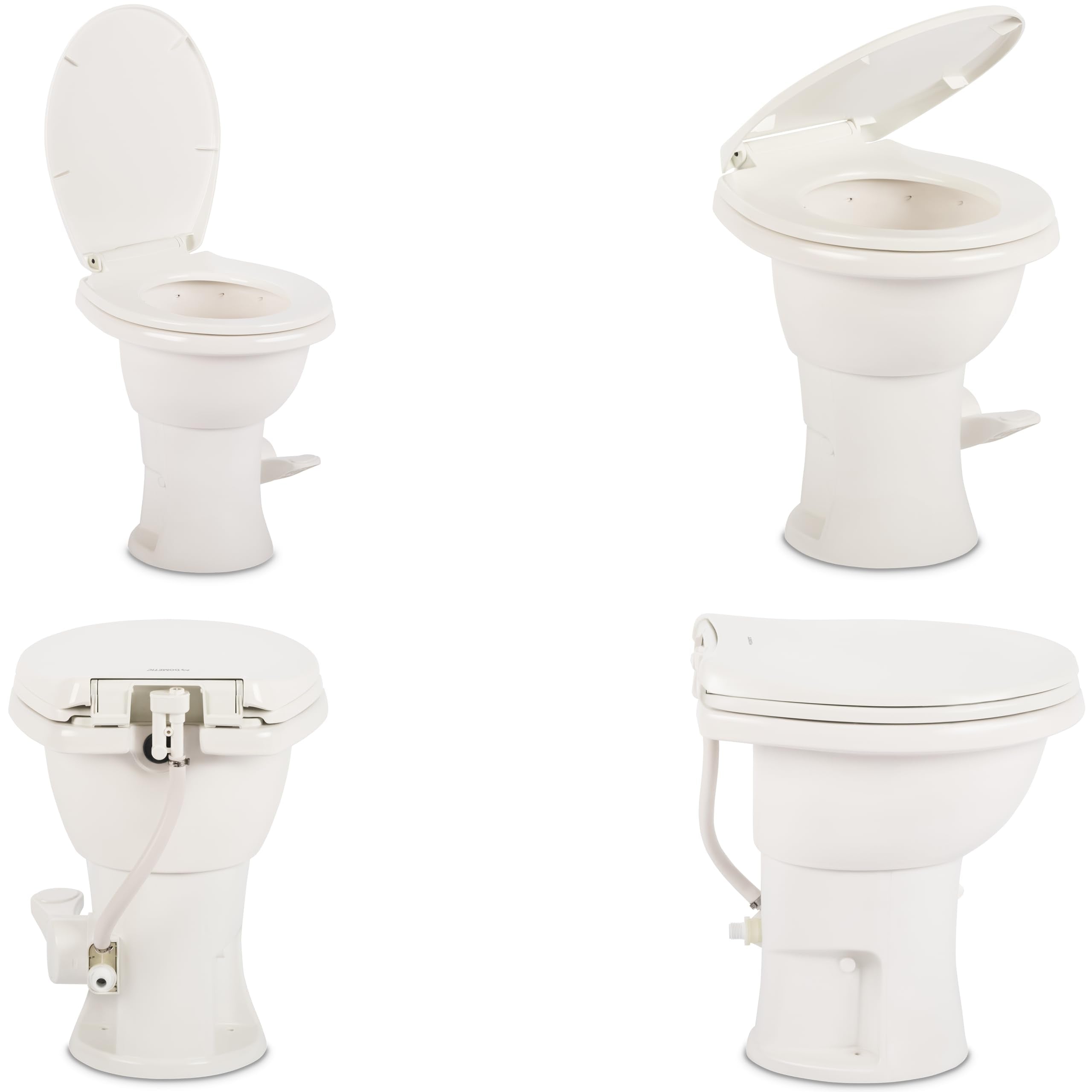 Dometic Complete RV Toilet Model 410 – Round Porcelain Bowl, Universal Fit & 2-Bolt Mount, 18" Chair Height Residential-Style, Gravity Flush Toilet with Soft-Close Seat, White (9610008259)