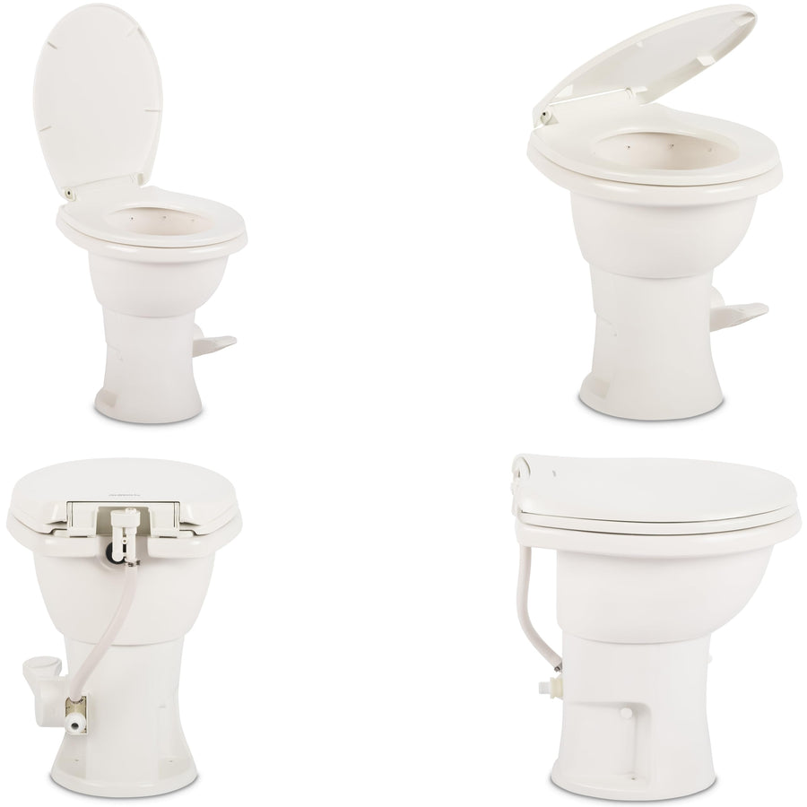 Dometic Complete RV Toilet Model 410 – Round Porcelain Bowl, Universal Fit & 2-Bolt Mount, 18" Chair Height Residential-Style, Gravity Flush Toilet with Soft-Close Seat, White (9610008259)
