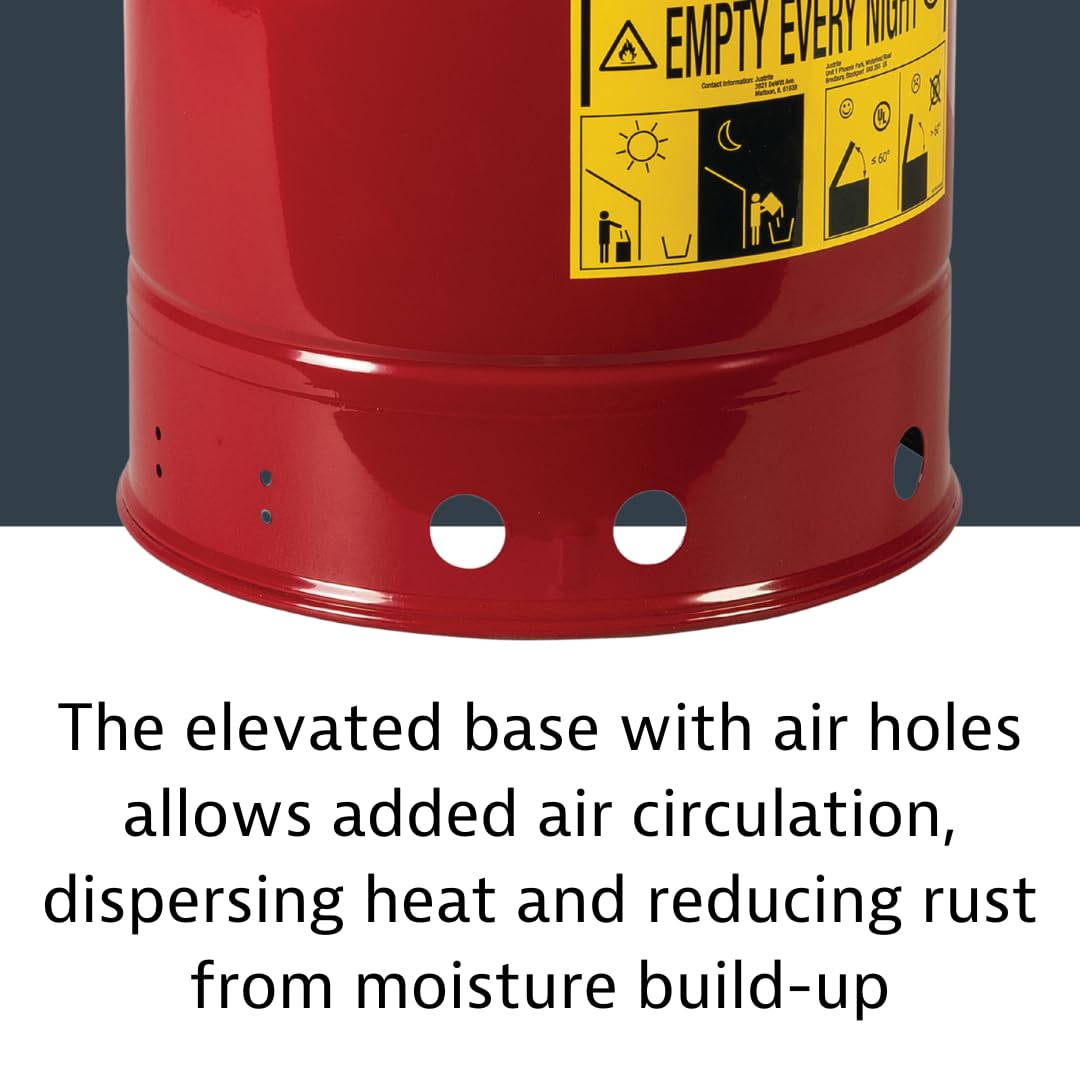 14 Gallon Justrite Galvanized Steel Oily Waste Can, 20" x 16" Metal Oil Rag Safety Can with Hand Operated Self-Closing Lid for Oil Rag Disposal, Made in The USA, Red, 09510