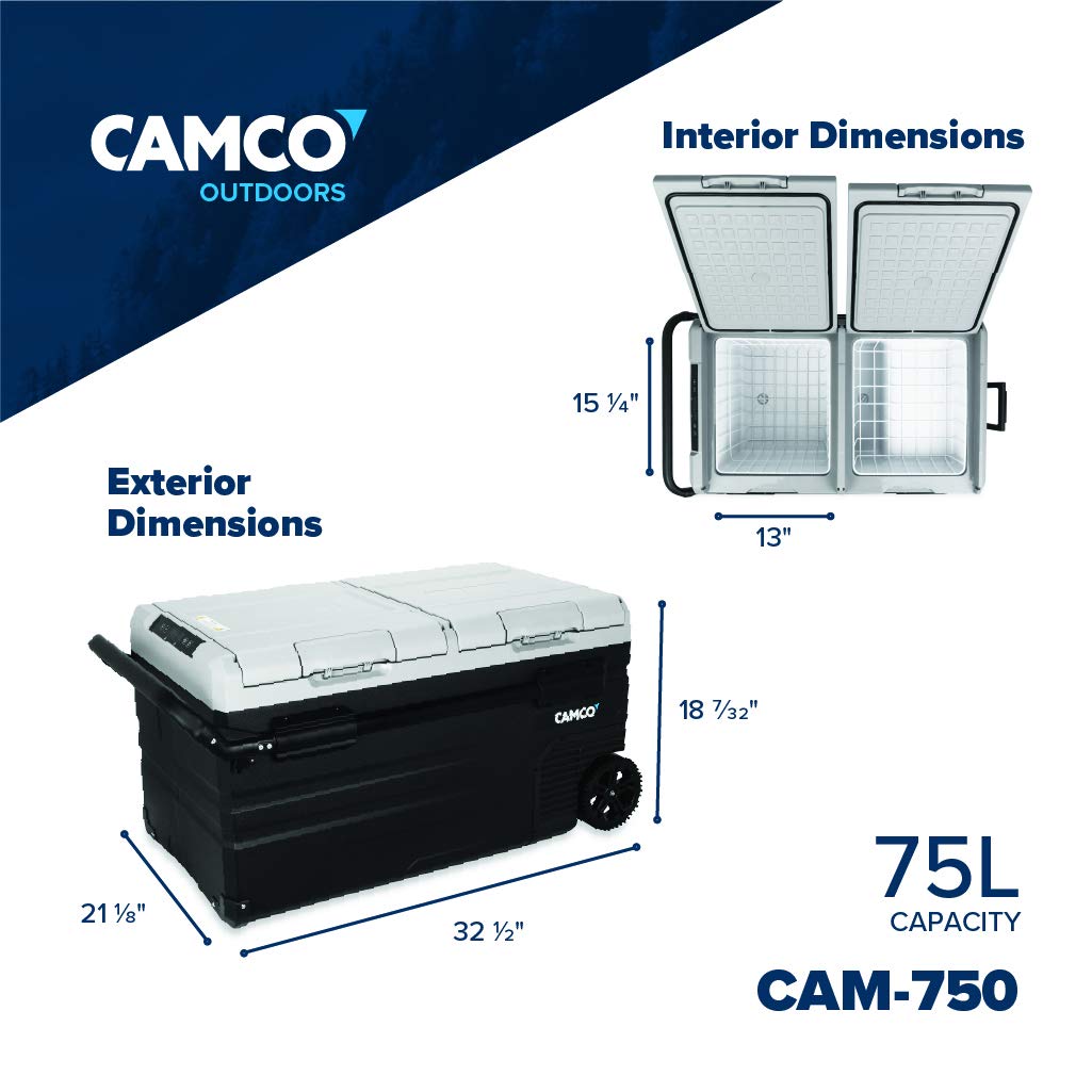 Camco 51520 Portable Refrigerator CAM-750, AC 110V/DC 12V Compact Fridge/Freezer with Dual Zone Cooling, 75-Liter - Keeps Food and Drinks Cold While On-the-Go - Ideal for Road Trips, RVing, Camping, B , Black