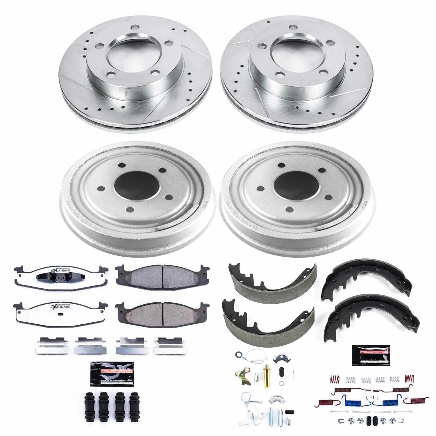 Power Stop Brake Kit Front and Rear For 1994 1995 1996 Ford Bronco - Truck & Tow Carbon Fiber Ceramic Pads, Drums, & Drilled and Slotted Rotors Replacement, K15461DK-36