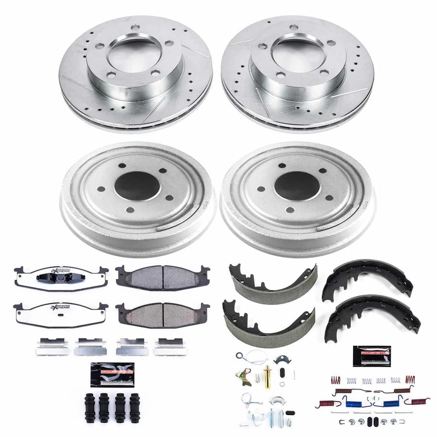 Power Stop Brake Kit Front and Rear For 1994 1995 1996 Ford Bronco - Truck & Tow Carbon Fiber Ceramic Pads, Drums, & Drilled and Slotted Rotors Replacement, K15461DK-36