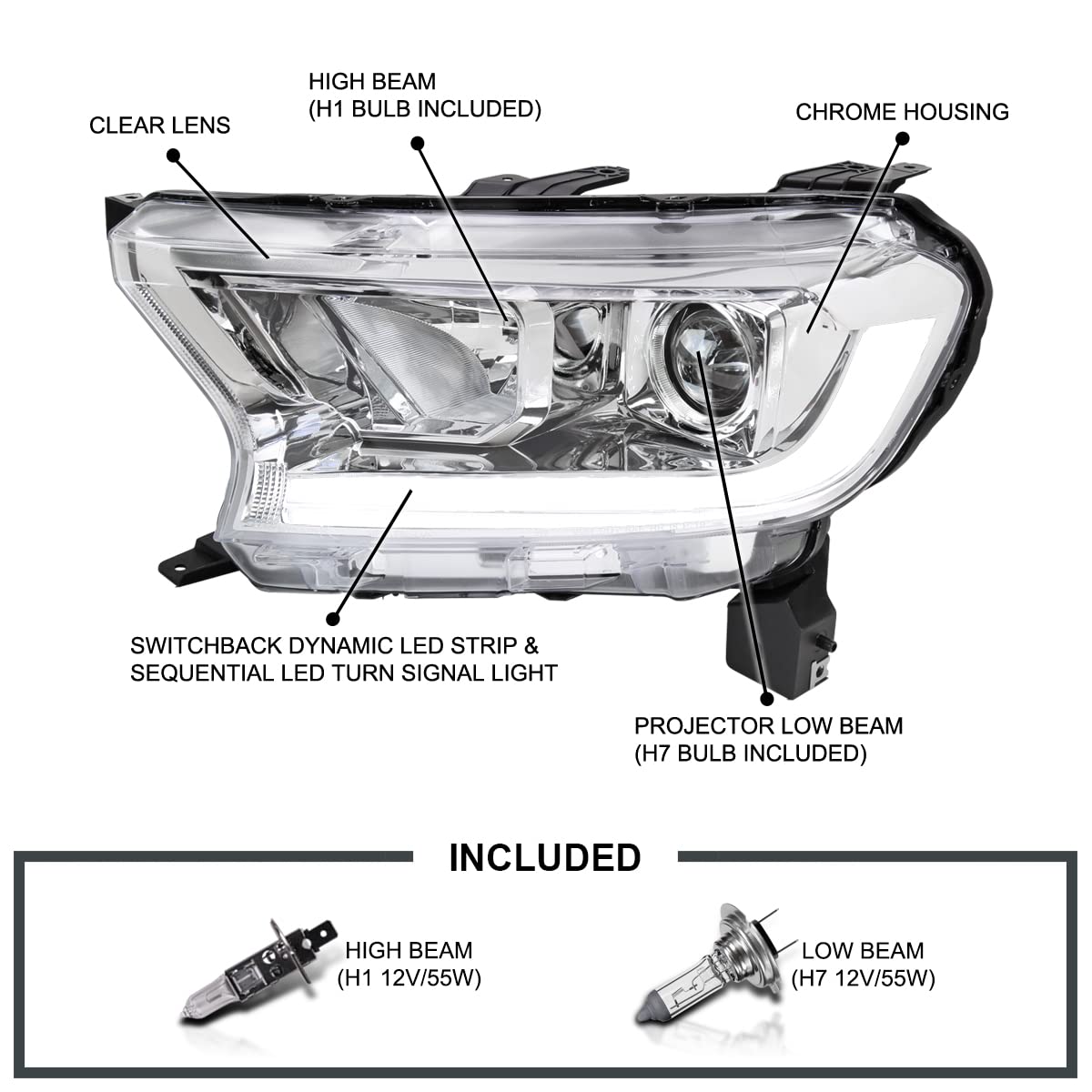 Chrome Sequential Projector Headlights SPEC-D TUNING Compatible with 2019-2022 Ford Ranger XL/XLT, Left + Right Pair Headlamps Assembly