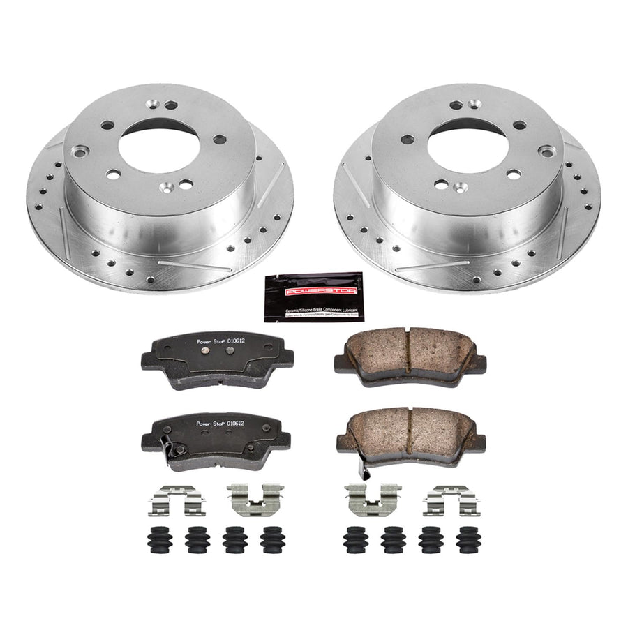 Power Stop K5916 Rear Brake Pads Z23 Carbon Fiber with Drilled & Slotted Brake Rotors Kit For Kia Soul 2010-2013 [Model Specific]