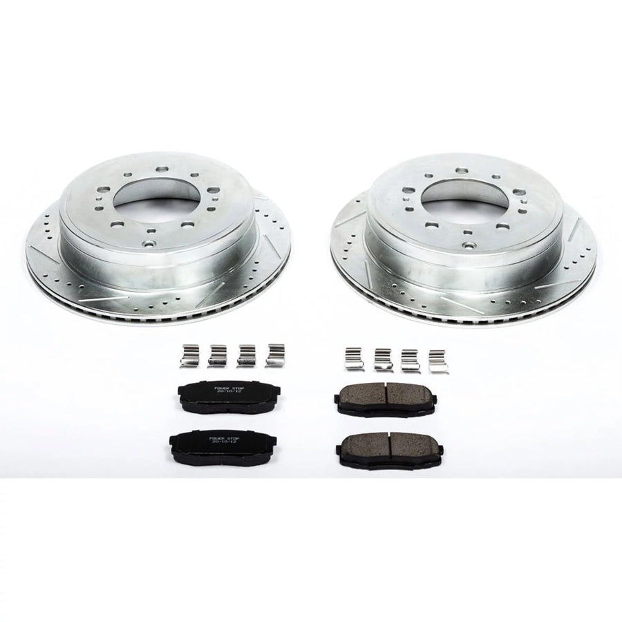 Power Stop K3073 Z23 Carbon Fiber Brake Pads Rear with Drilled and Slotted Brake Rotors Kit For 2008-2021 Lexus LX570 Toyota Tundra Land Cruiser Sequoia