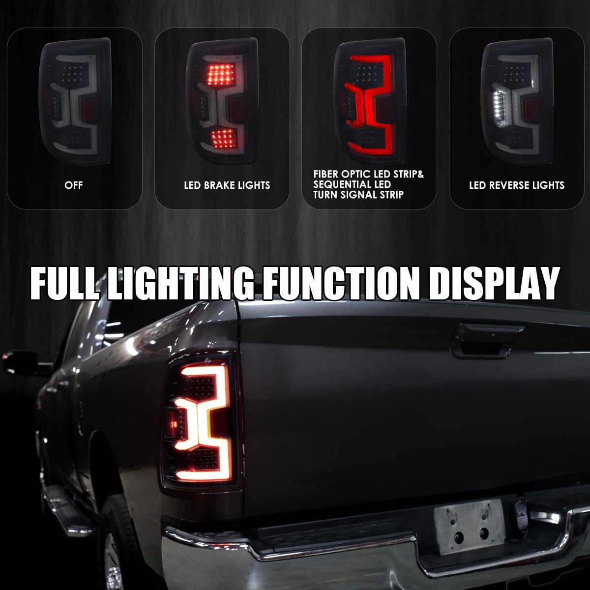 Glossy Black Smoke Tail Lights SPEC-D TUNING w/Fiber Optic Sequential LED Turn Signal Lights Compatible with 2019-2024 Dodge Ram 2500/3500