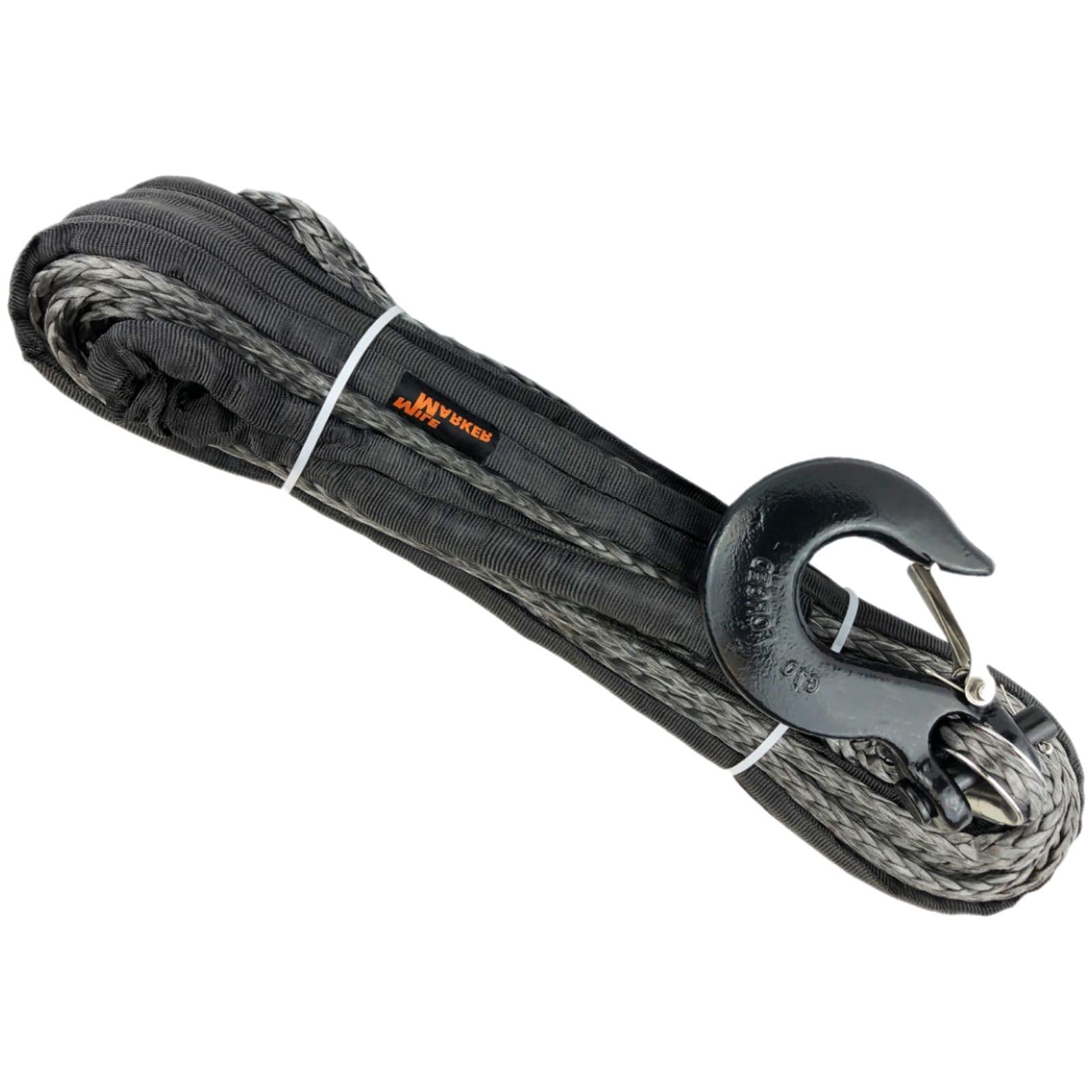 Single Mile Marker 19-52038-100C 3/8" x 100' Black & Grey Synthetic Rope Assembly with Removable Hook for Winches 9,500-15,000 lbs. - Breaking Force of 17,600 lbs