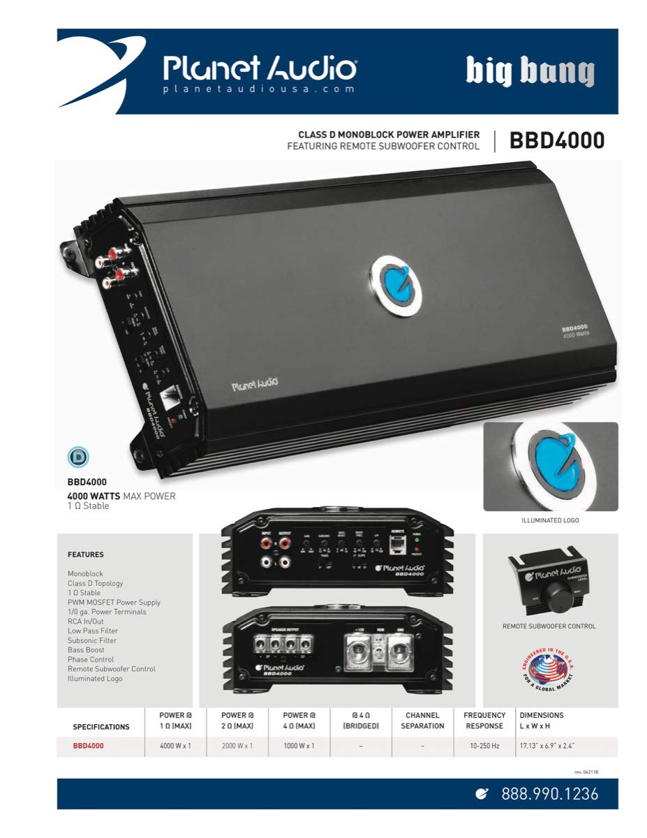 BBD4000 Planet Audio Class D Monoblock Car Amplifier - 4000 High Output, 1 Ohm, Low Level Inputs, Low Pass Crossover, Hook Up to Subwoofer for Bass