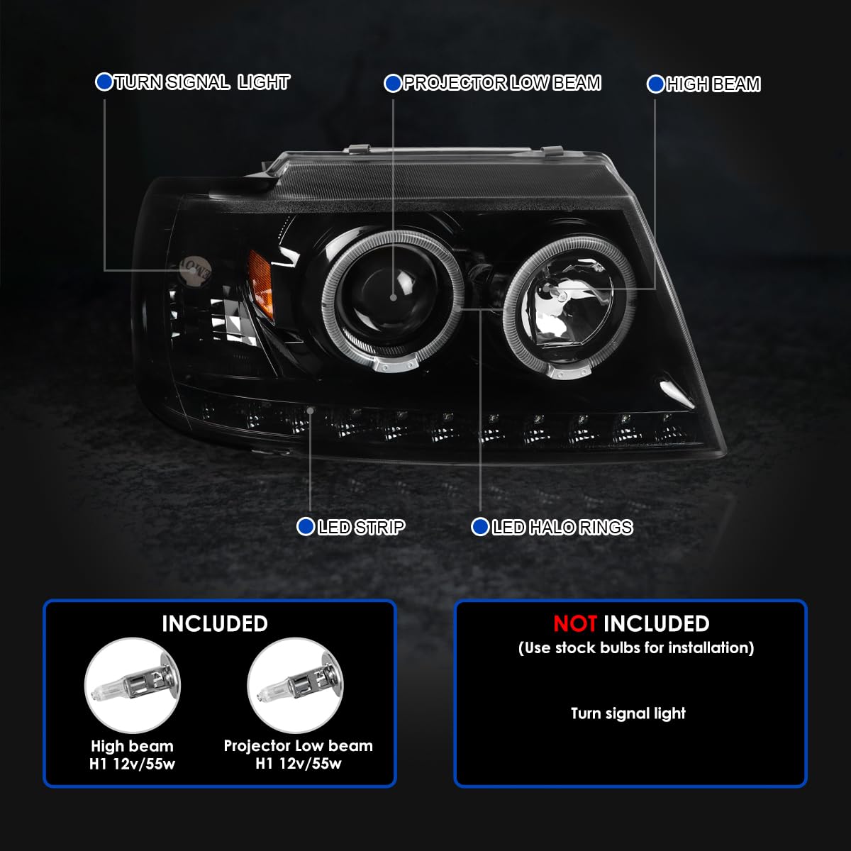 Jet Black LED Halo Projector Headlights SPEC-D TUNING Compatible with 2002-2005 Ford Explorer, Left + Right Pair Headlamps Assembly