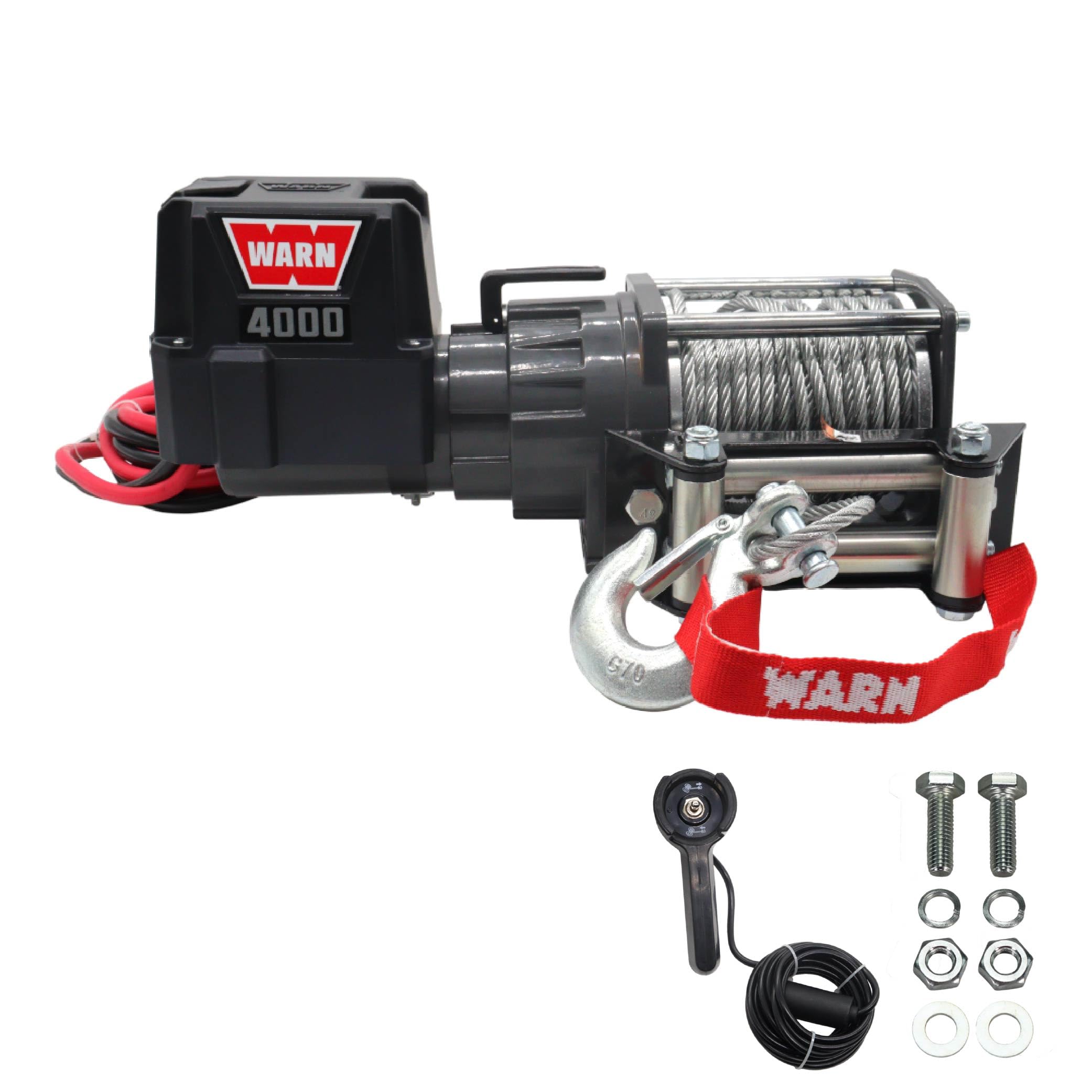 4000 WARN DC 12V Utility Winch with Wire Rope - 4000 lb Pulling Capacity, 50' Galvanized Steel Cable, Roller Fairlead, Wired Remote - 94000 Portable 12 Volt Winch for UTV, ATV, Truck, Trailer