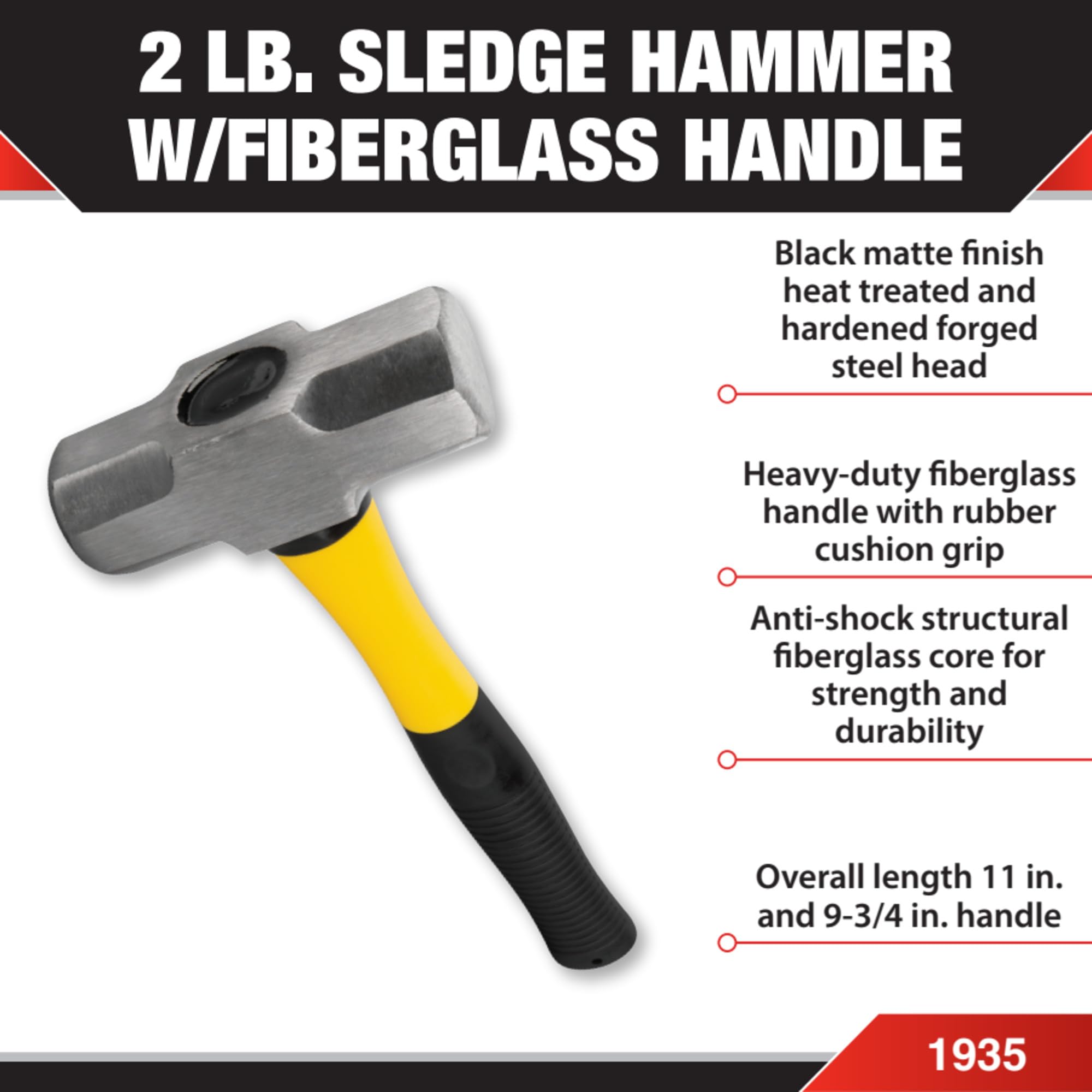 2lb Performance Tool Fiberglass Handle Sledge Hammer, Black