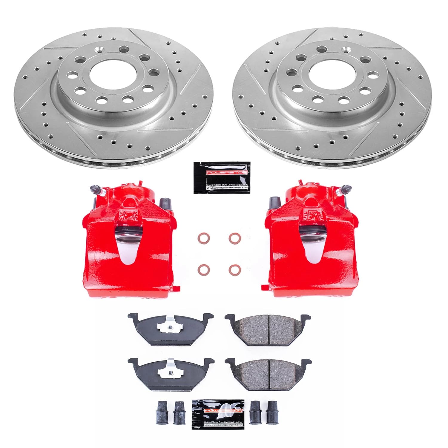 Power Stop Evolution Sport KC6041 Front Caliper Kit-Drilled/Slotted Rotors, Carbon Ceramic Brake Pads, Calipers For Volkswagen Jetta 2011-2015 [Model Specific]
