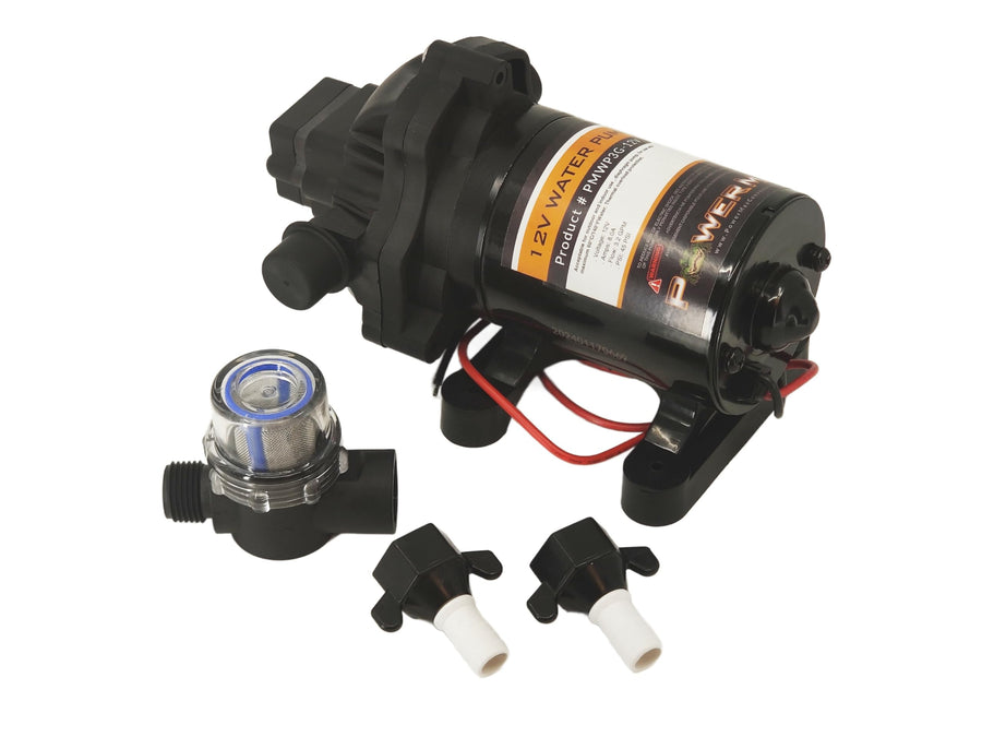 RV water pump PowerMax 115Vac | Replacement for 4008 171-A65/E65 | 3.2 Gallons per Minute | 45 psi | Lightweight with Quiet Operation | Includes Stranier and fittings (115Vac)
