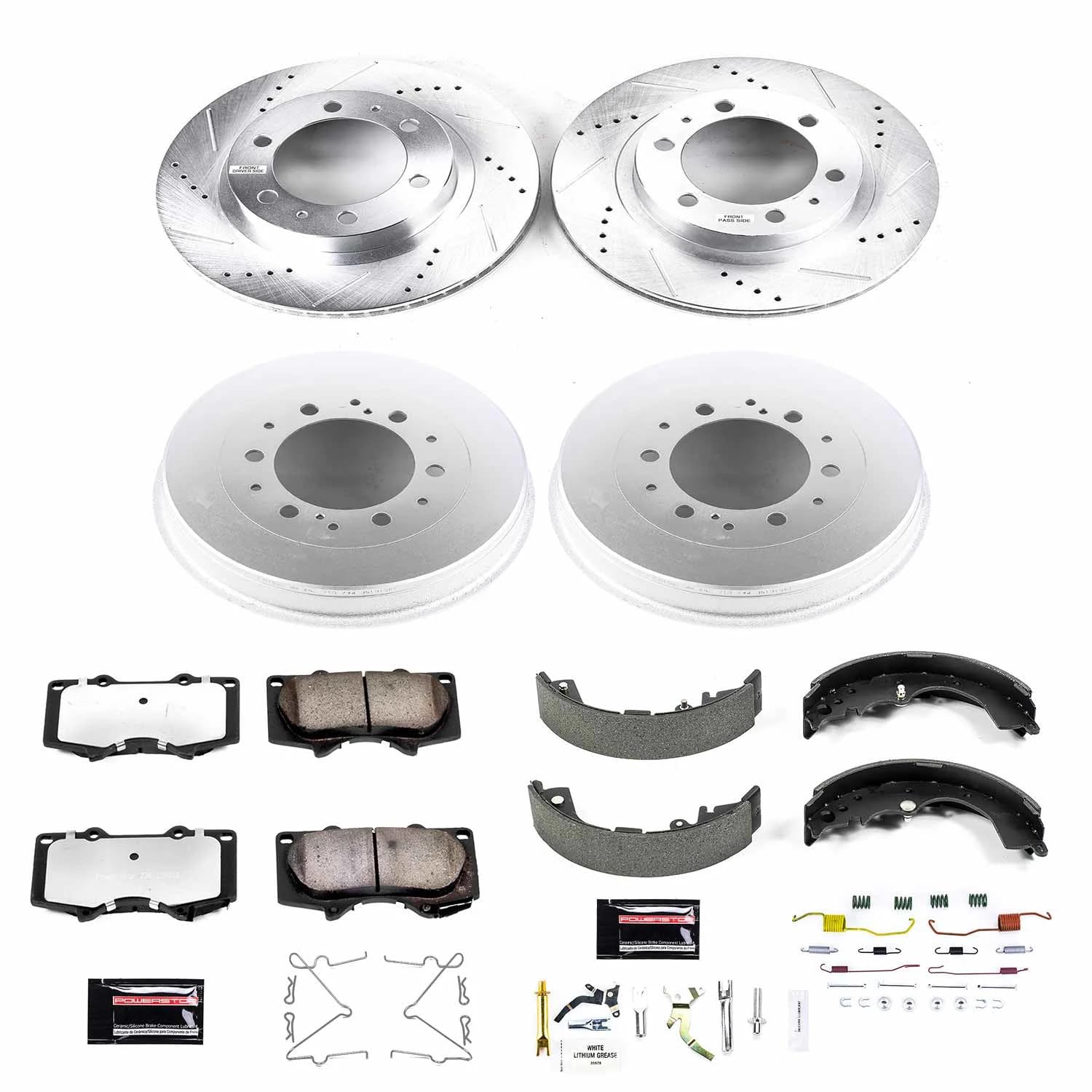 Brake Kit Power Stop For 2005-2022 Toyota Tacoma [6 Lug Models] - Front and Rear Truck & Tow, Carbon-Fiber Ceramic Brake Pads and Drilled and Slotted Rotors and Brake Shoes Replacement, K15231DK-36
