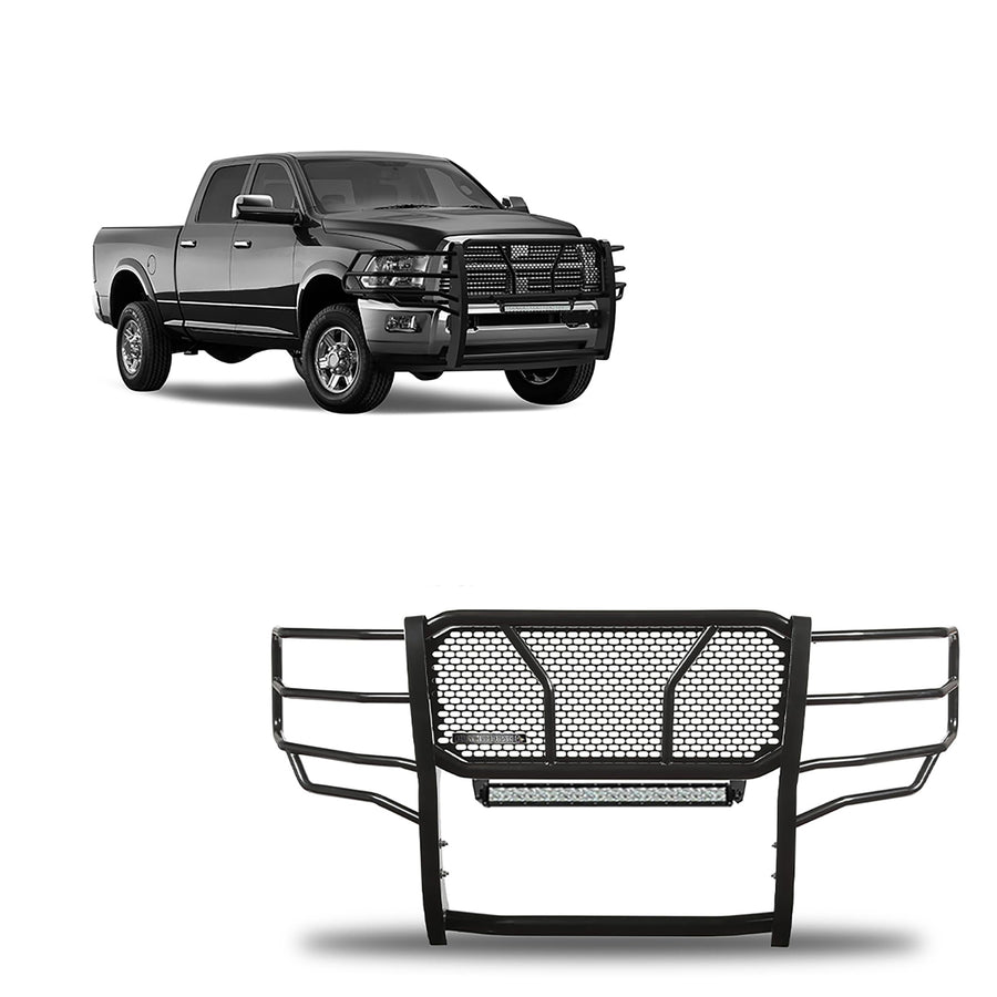 Heavy Duty Black Horse RUGGED Grille Brush Bumper Guard Modular Black Come with 20" Double Row LED Light Compatible with 2010-2018 Dodge Ram 2500/3500-RU-DORA10-B-KIT