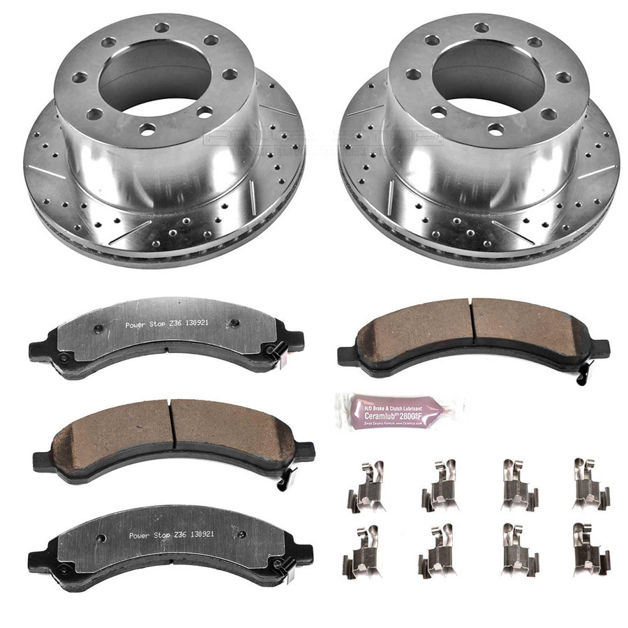 Rear Brake Kit Power Stop For 2003 2004 2005 2006 2007 2008 Chevrolet Express 3500 - Truck & Tow Carbon Fiber Ceramic Brake Pads & Drilled and Slotted Rotors Replacement, K5328-36
