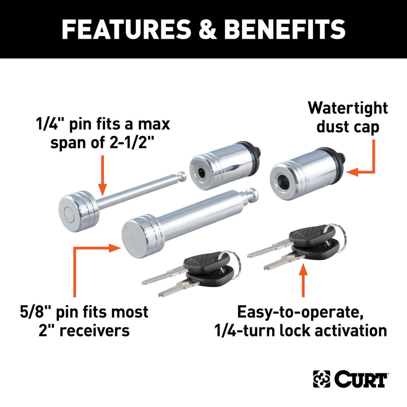 CURT Trailer Lock Set for 2-Inch Receiver, 2-1/2-Inch Coupler Latch Span, Chrome & Black 23527