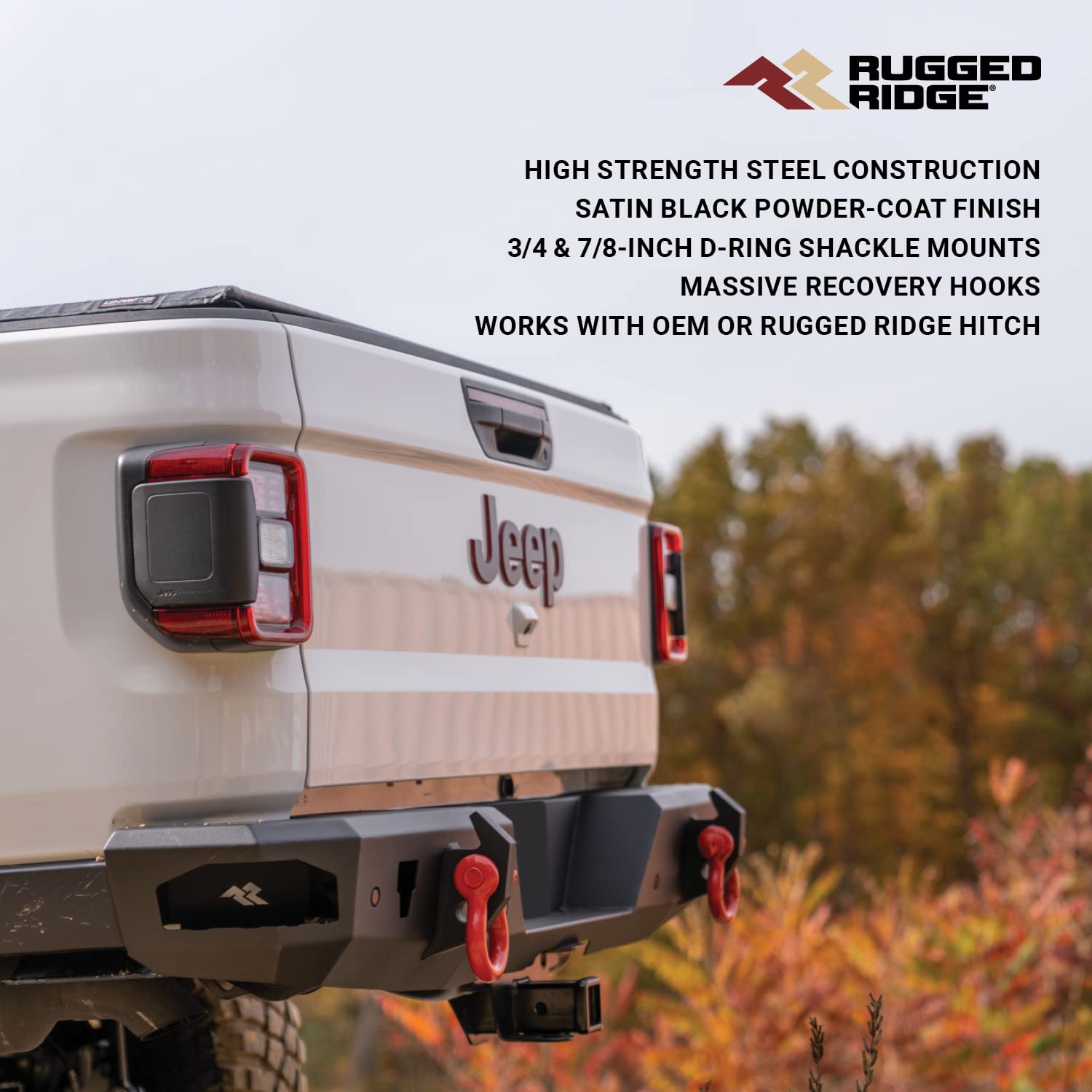 Rear Rugged Ridge HD Bumper for Jeep Gladiator JT | Full-Width, Steel, Black | 11540.37 | Fits 2020-2025 Jeep Gladiator JT