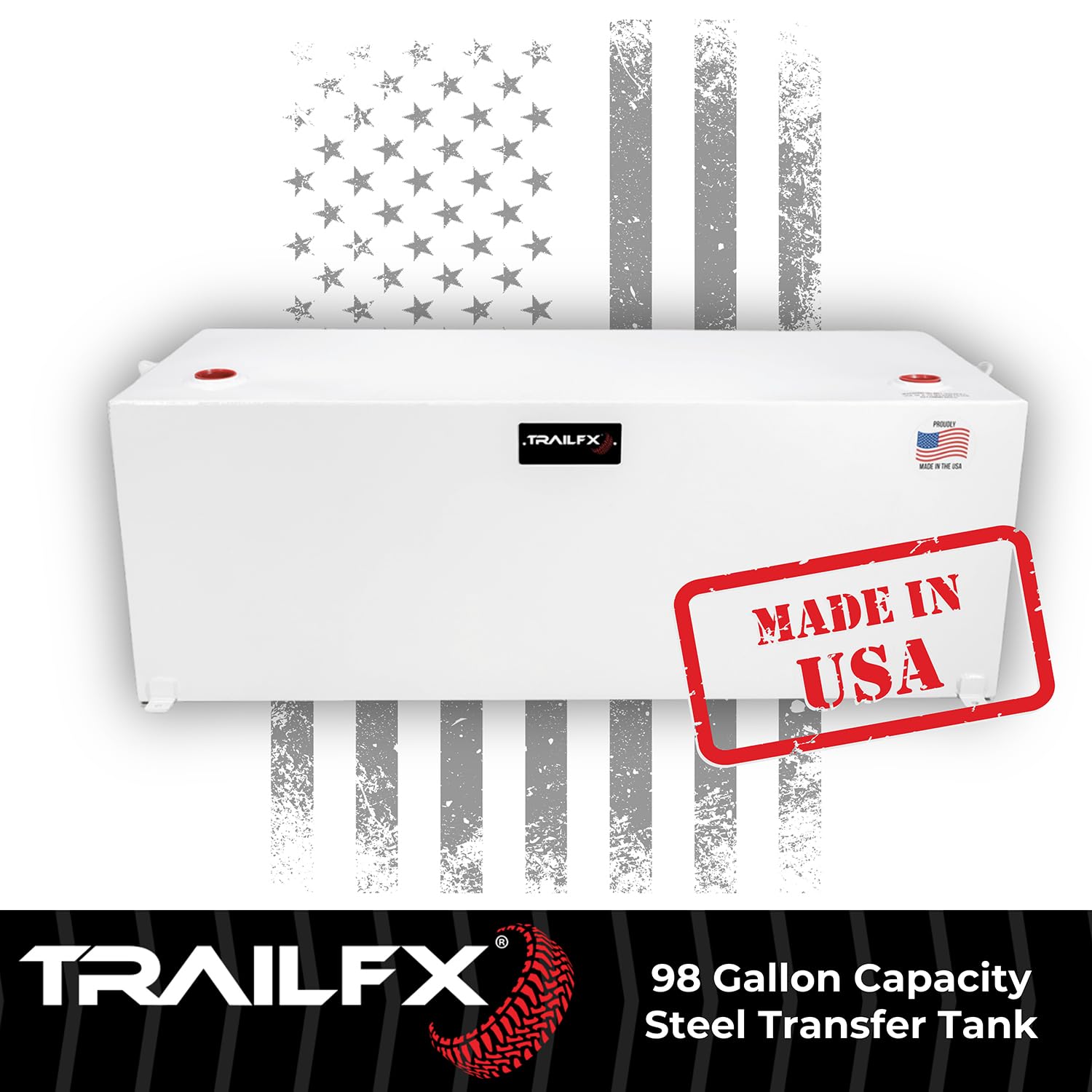 21098SW TrailFX Liquid Transfer Tank 98 Gallon Capacity Rectangular Steel Tank Gloss White Powder Coat Vented Lockable Cap For Diesel and Non-Flammable Liquids