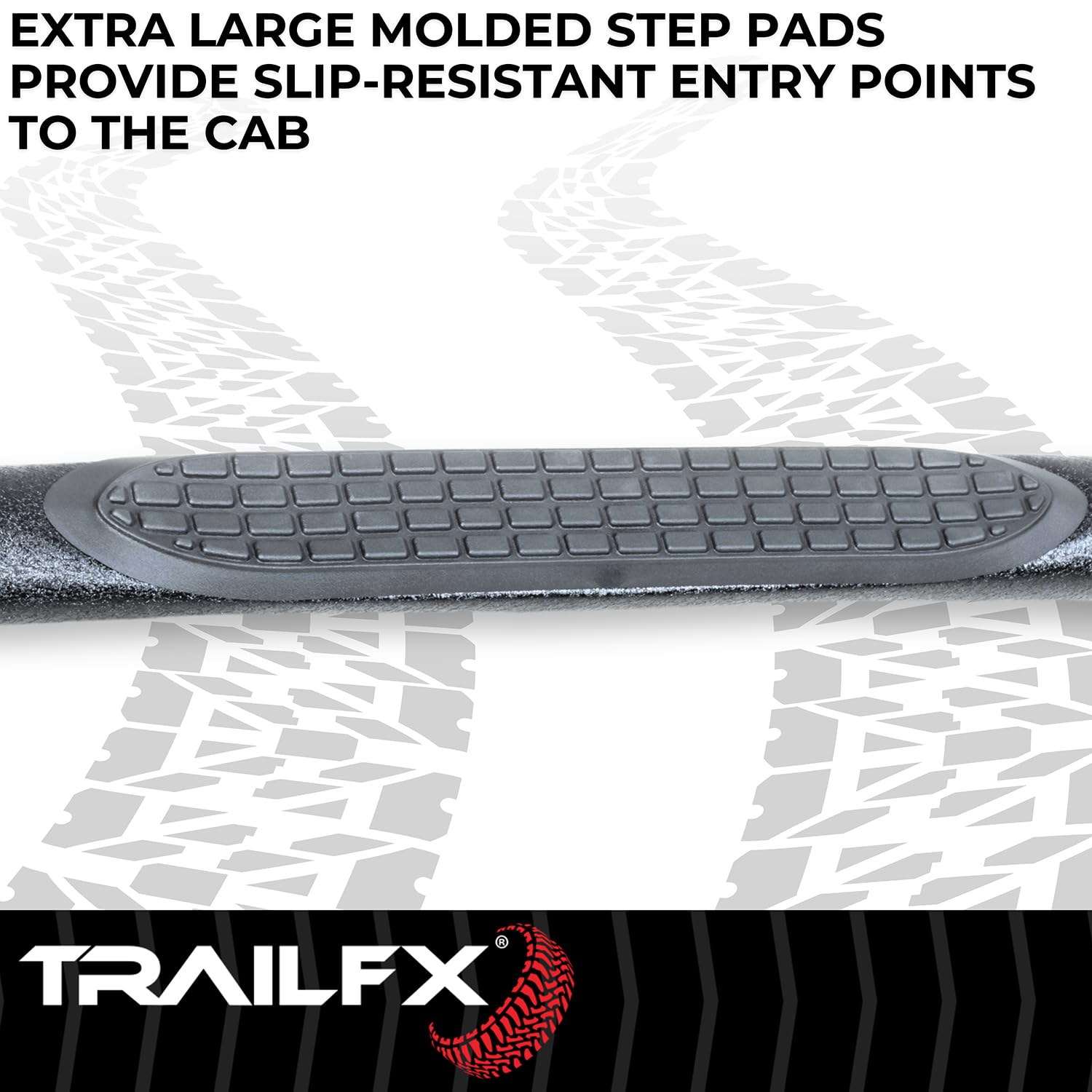 Nerf Bar TrailFX A0069T, 3 Inch Round Bent, Black Powder Coated, with Step Pads, W/O End Caps, Rocker Panel Mount, Fits 2025 Toyota 4Runner (Will Not Fit Models with Lower Rocker Panel Extensions)