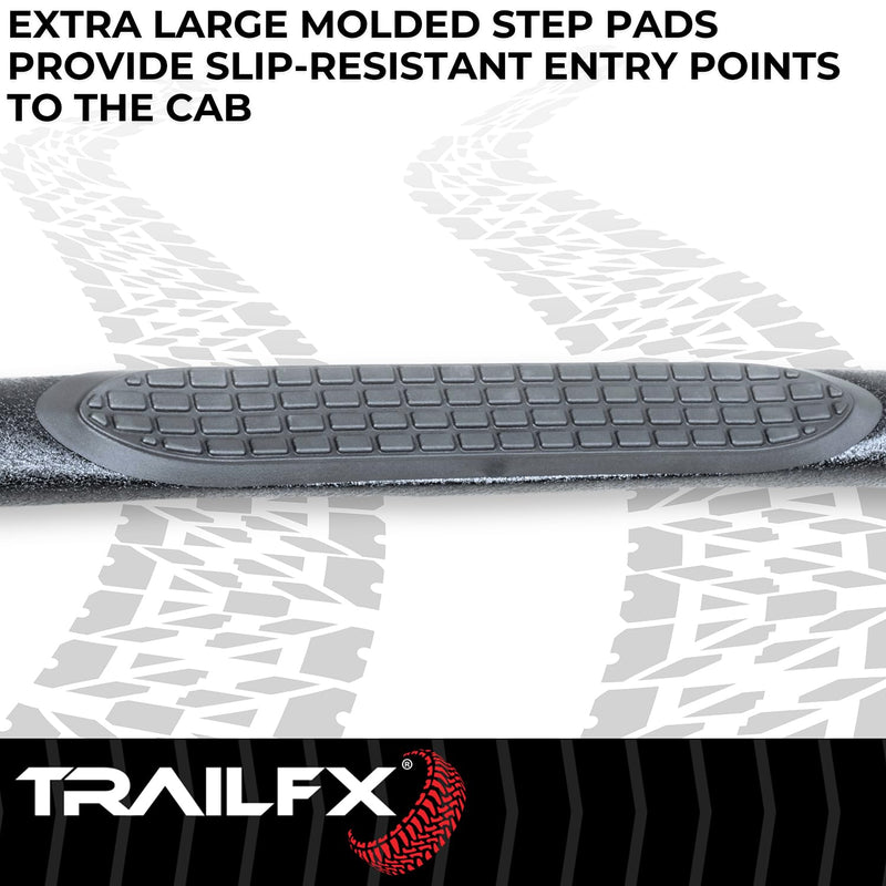 Nerf Bar TrailFX A0069T, 3 Inch Round Bent, Black Powder Coated, with Step Pads, W/O End Caps, Rocker Panel Mount, Fits 2025 Toyota 4Runner (Will Not Fit Models with Lower Rocker Panel Extensions)
