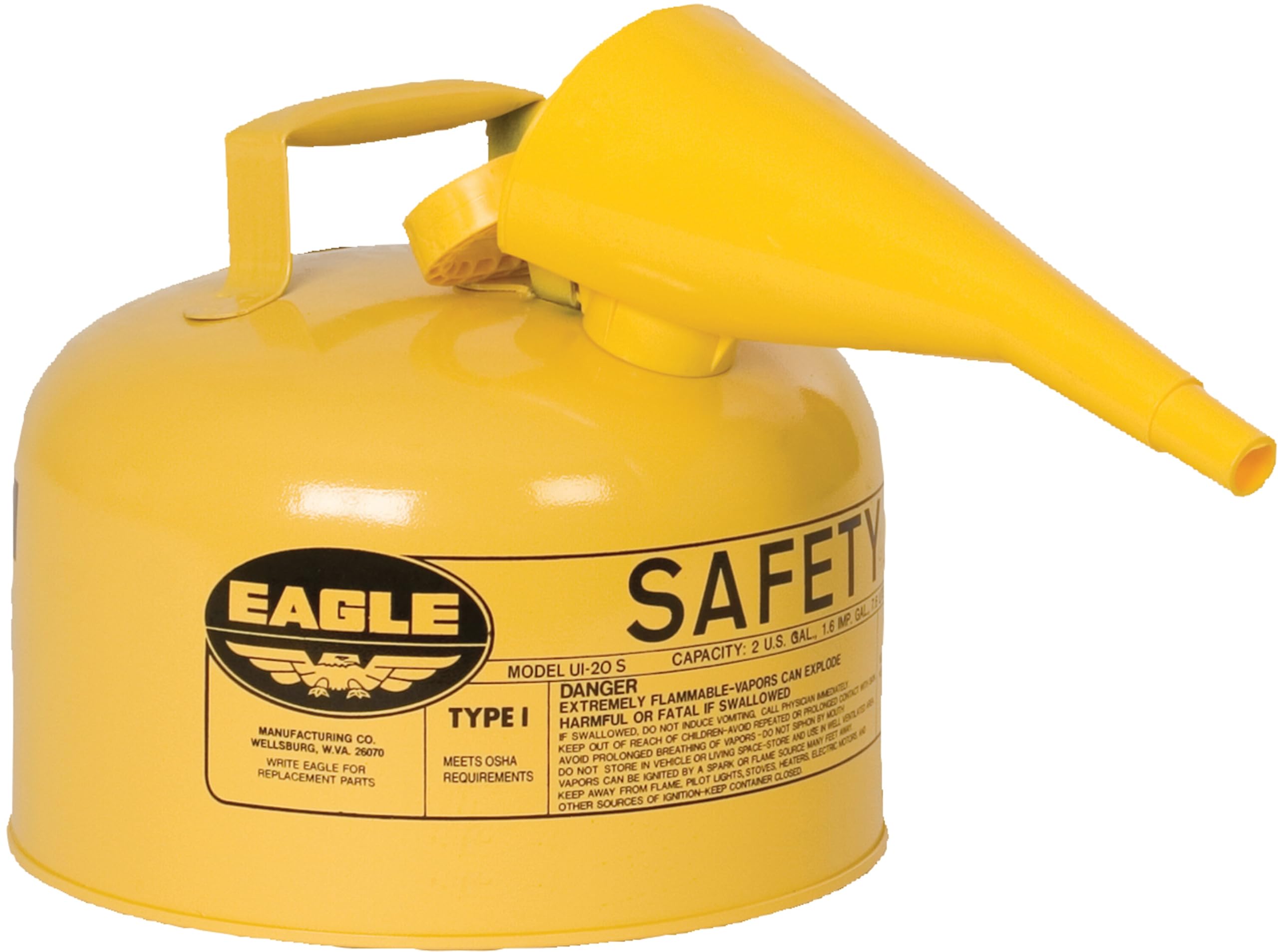 Eagle 2.5 Gallon Yellow Type I Safety Gas Can for Diesel with Flame Arrester, Self-Closing Lid, and F-15 Funnel, Made in the USA, Galvanized Steel Flammable Storage Can, UI25FSY