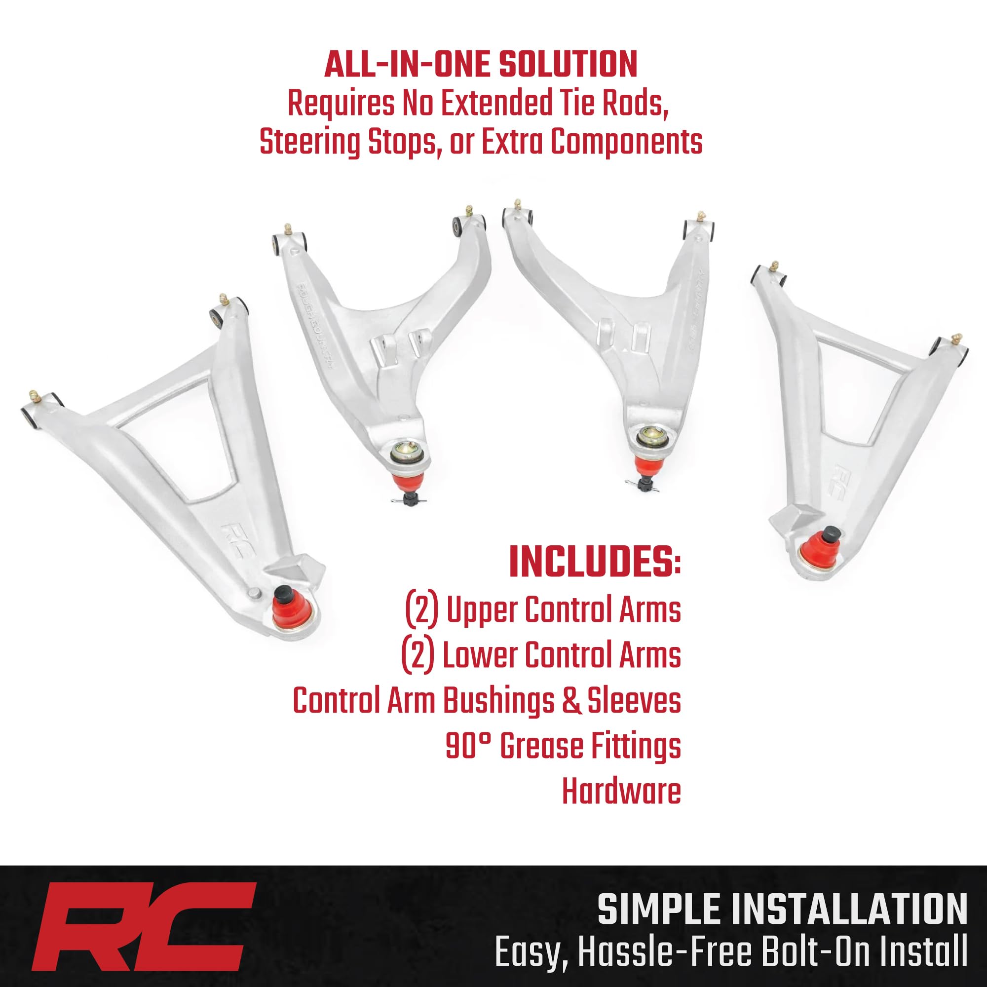 Rough Country High Clearance Aluminum Control Arms for Can-Am Defender HD 5/HD 8/HD 9/HD 10 with 2" Forward Offset (2016-2025) - Forged Aluminum A-Arms with Silver Finish, 4-Pack