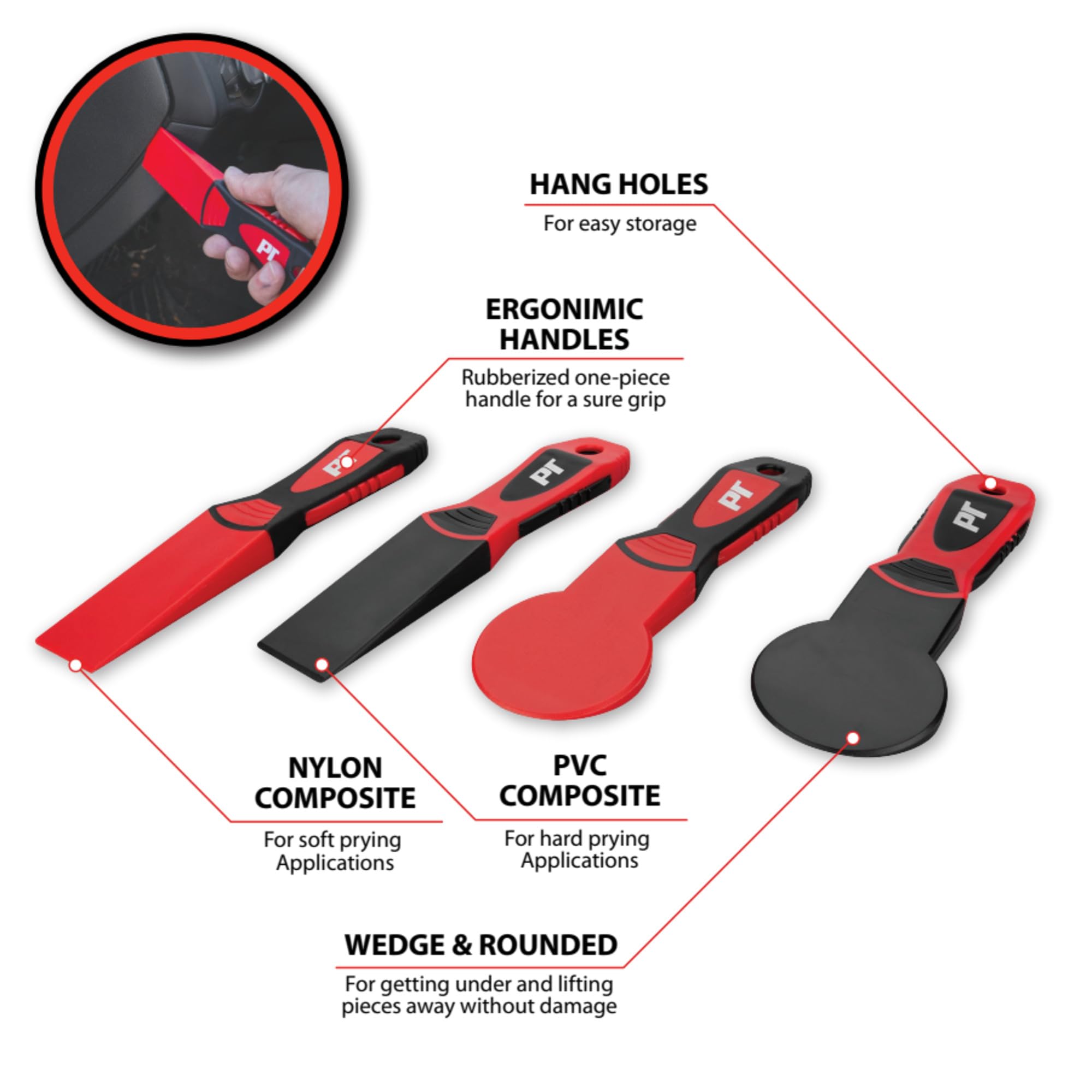 4-Piece Performance Tool W83301 Universal Trim Removal Tool Set, 4 Wedges, PVC and Nylon, for Safely Removing Door Panels, Dashboards, Bezels, and More, Red and Black
