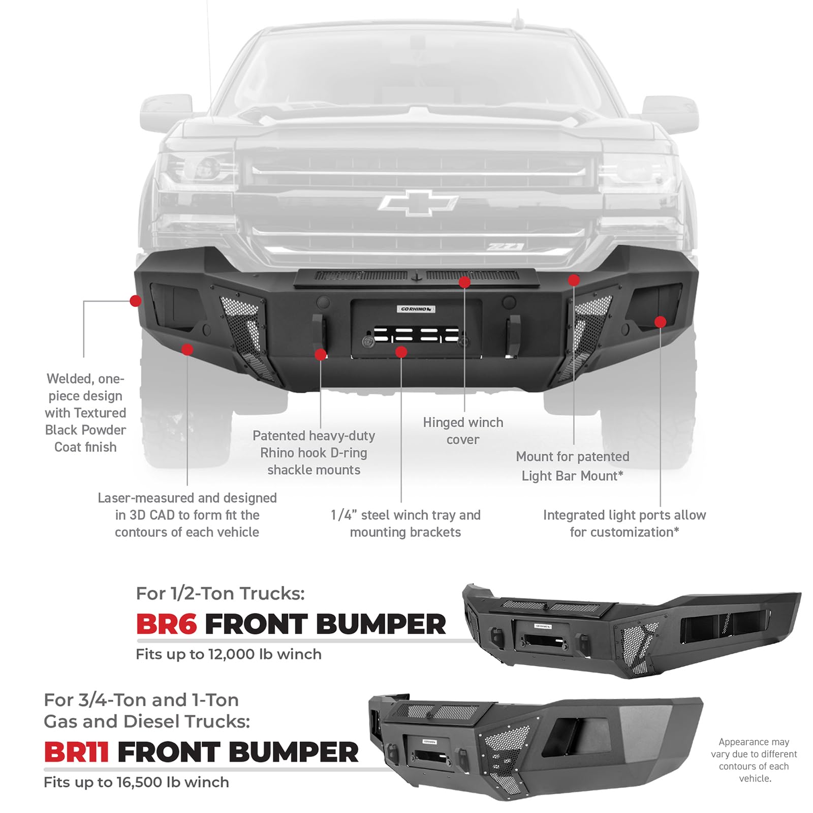 Go Rhino Front Bumper BR6 | Mild Steel, Textured Black | 24279T | Fits 2015-2020 Chevrolet Colorado (Accommodates a 20" Light Bar)