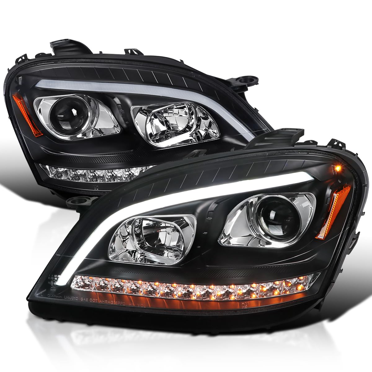 Black Projector Headlights w/LED Sequential Signal SPEC-D TUNING Compatible with 2006-2008 Mercedes Benz W164 ML350 ML500 ML-Class, Left + Right Pair Headlamps Assembly