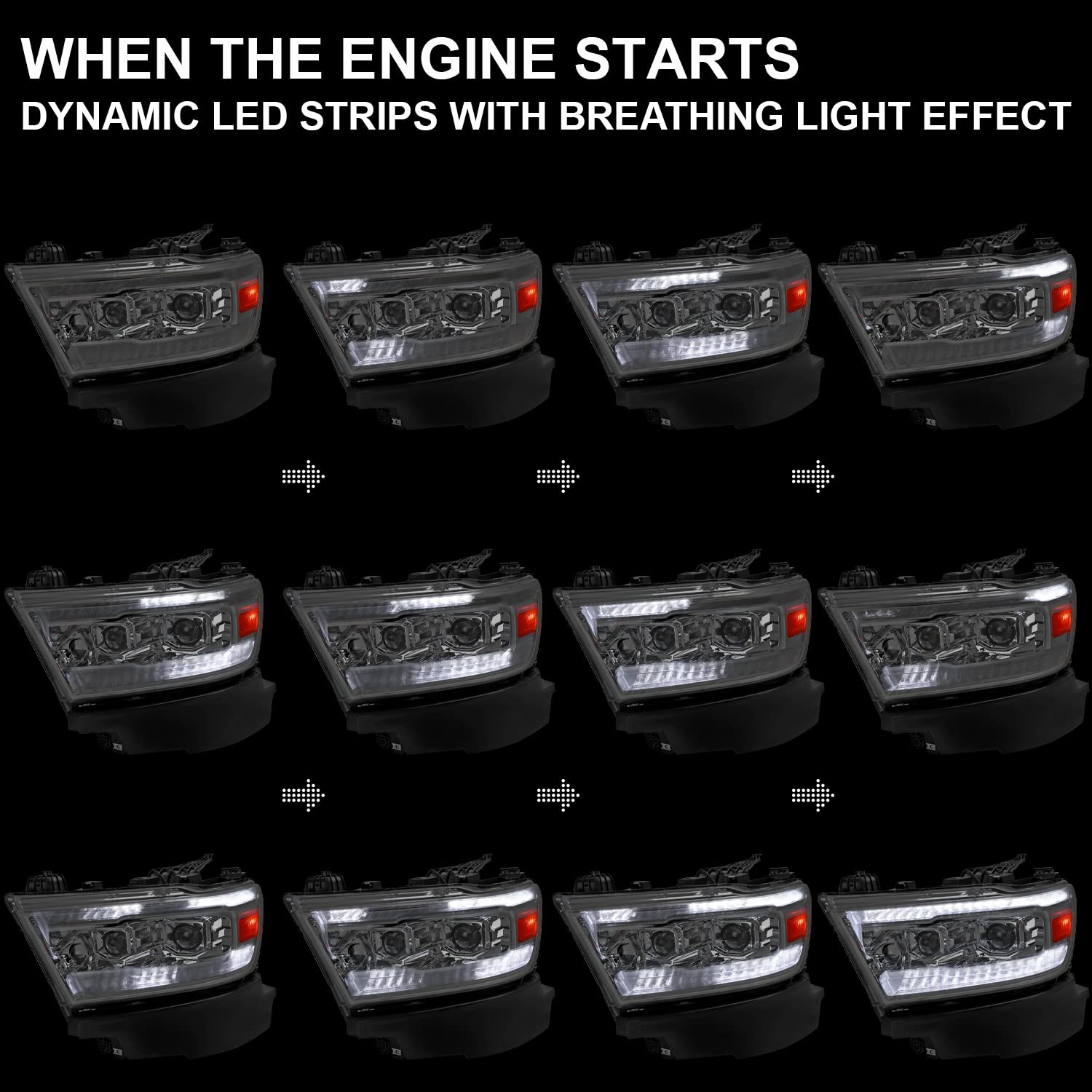 Chrome Projector Headlights SPEC-D TUNING w/Sequential LED Tube Signal and Startup Animation Compatible with 2019-2024 Ram 1500, Left + Right Pair Headlamps Assembly