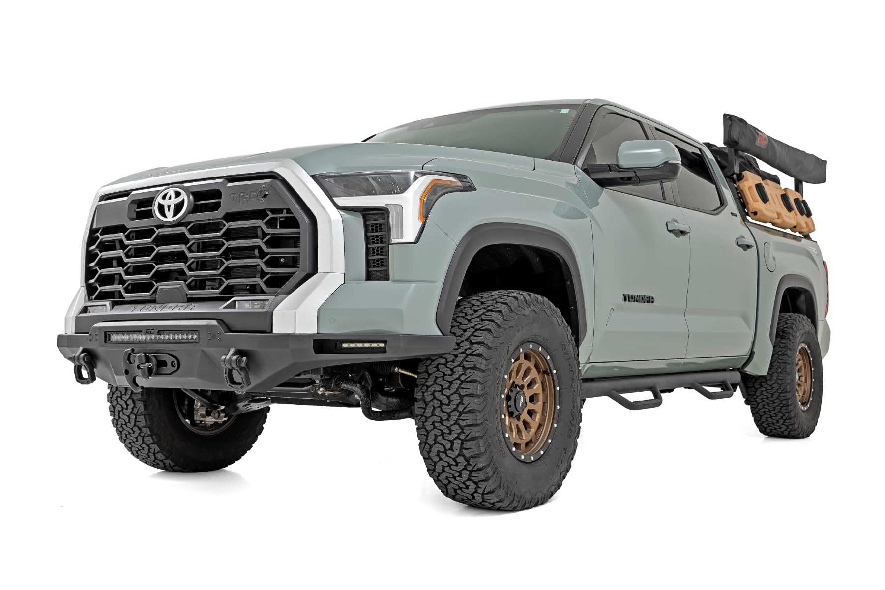 Rough Country Hybrid Front Bumper with LED Light & PRO12000S Winch for Toyota Tundra (2022-2024) - 12000 LB Synthetic Rope Winch, 20" LED Bar Amber DRL, Dual 6" Slimline LEDs