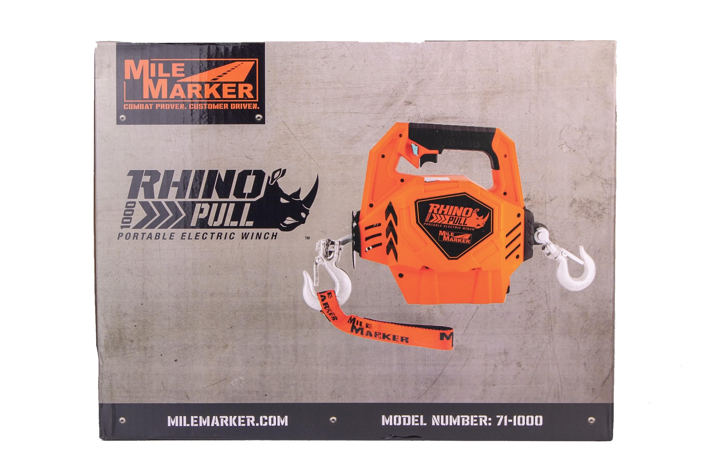 Rhino Pull 1000 Mile Marker Portable Electric Winch | 39 Feet of Synthetic Rope | Lifts or Pulls Up to 1000 Pounds | Brushless Motor | Variable Speed | Wired & Wireless Remote