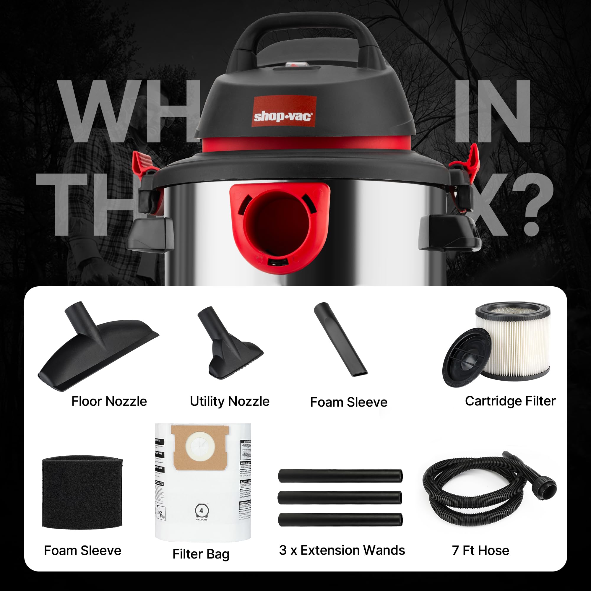 Wet/Dry Vacuum Shop-Vac 5989305, 5 Gallon, 4.5 Peak HP Stainless Steel Vacuum, 1.25 Inch Diameter x 7 Foot Hose, 6 Ft Cord Length, Ideal for Jobsite, Garage, Car & Workshop