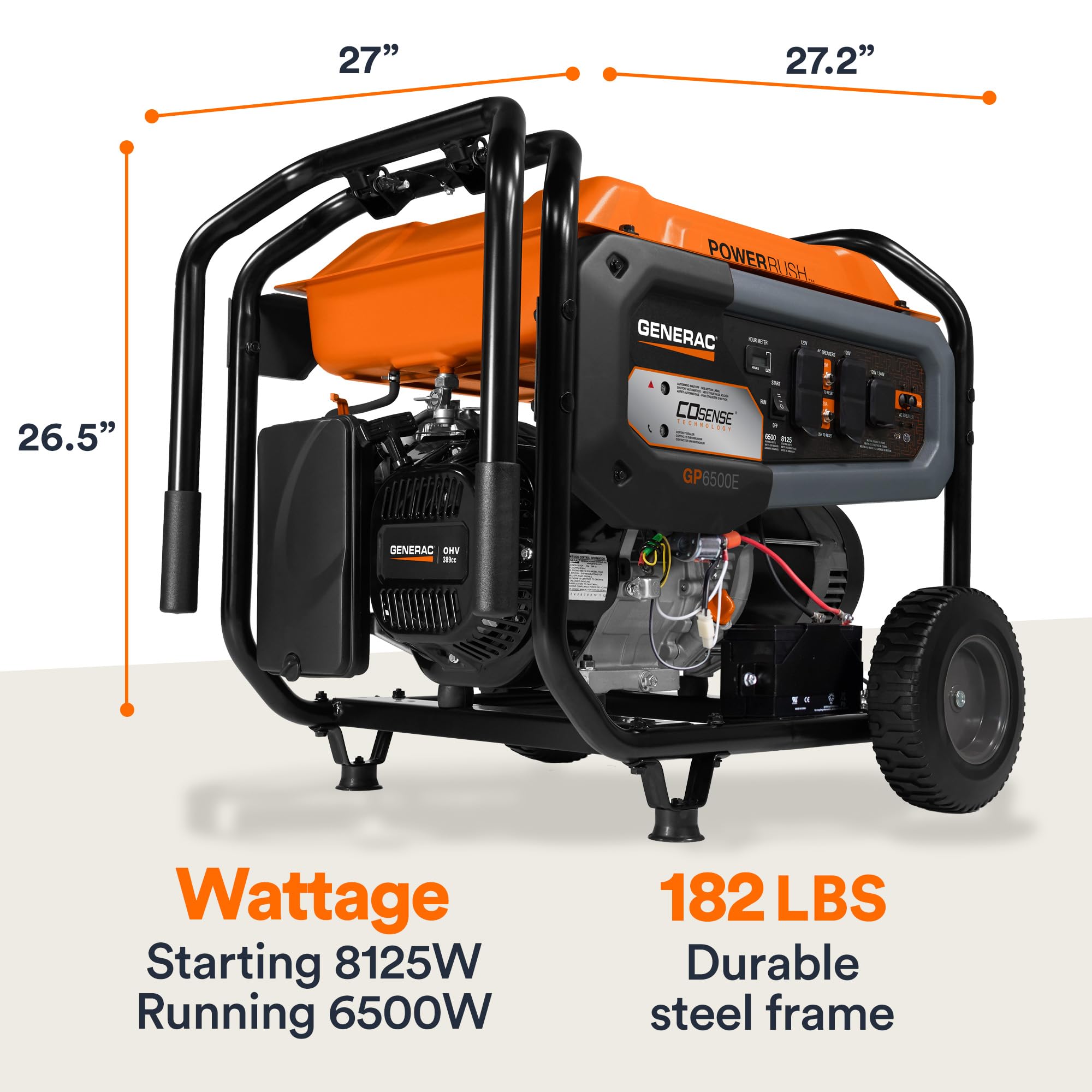 Generac 8,125 Starting Watt Portable Gas-Powered Generator - COsense Technology - PowerRush Advanced Technology - Reliable Power for Emergencies, Recreation, Home - 49 State Compliant
