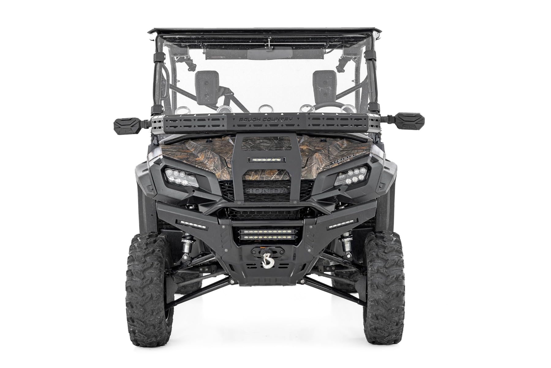 Front Cargo Rack Kit Rough Country for Honda Pioneer 1000 - Trail-Ready Design with 6" Slimline LED Light Bar & Mesh Tie-Down Panels