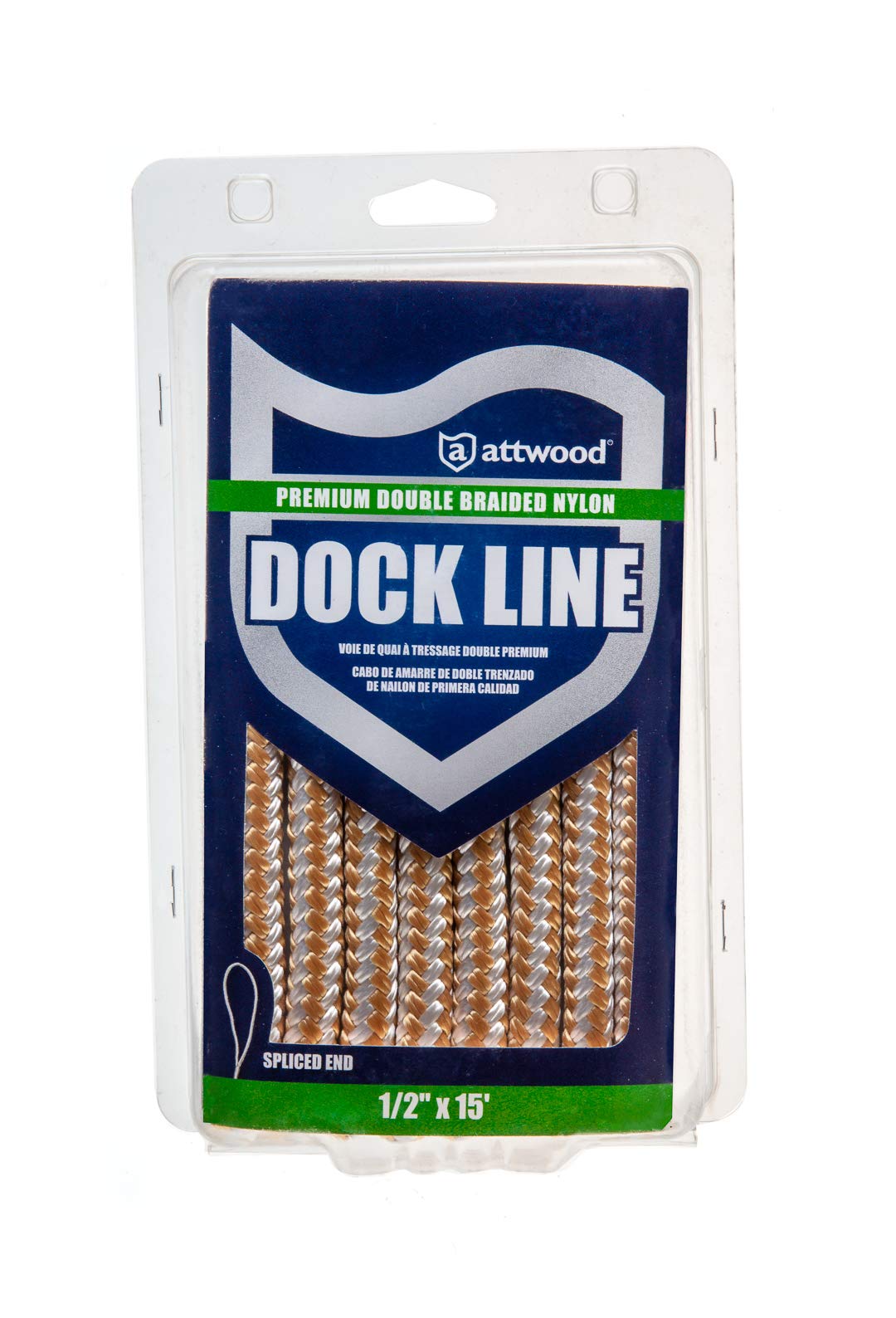 Attwood Premium 117565-7 Double Braided Nylon Dock Line, 1/2-Inch Thick, 15 Feet Long, Pre-Spliced One End, Gold and White