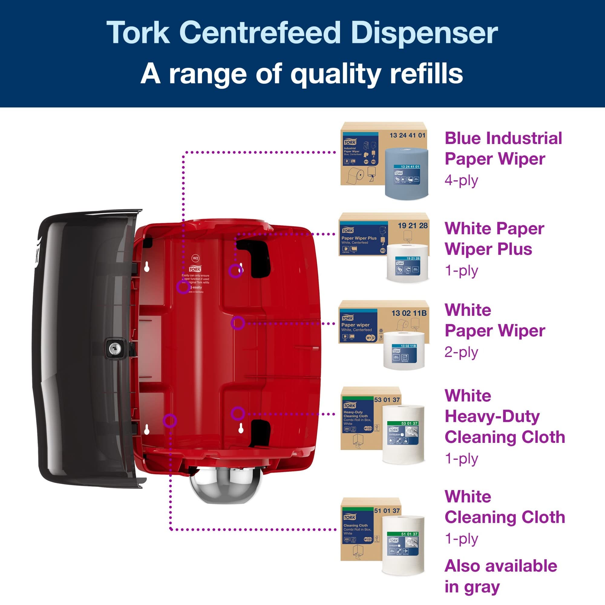 Tork Red Centerfeed Roll Dispenser and Smoke W2, High Capacity, Performance Range, 653028