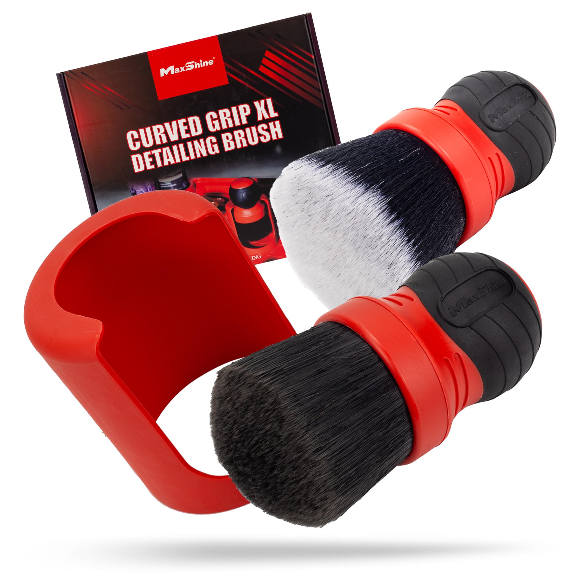 Maxshine Ultra-Soft Red & Gray Combo Large Bristle Brush with Storage Rack | Curved Grip Interior Detailing Brush for Dashboard, Displays & Air Vents | Premium Car Cleaning Accessory