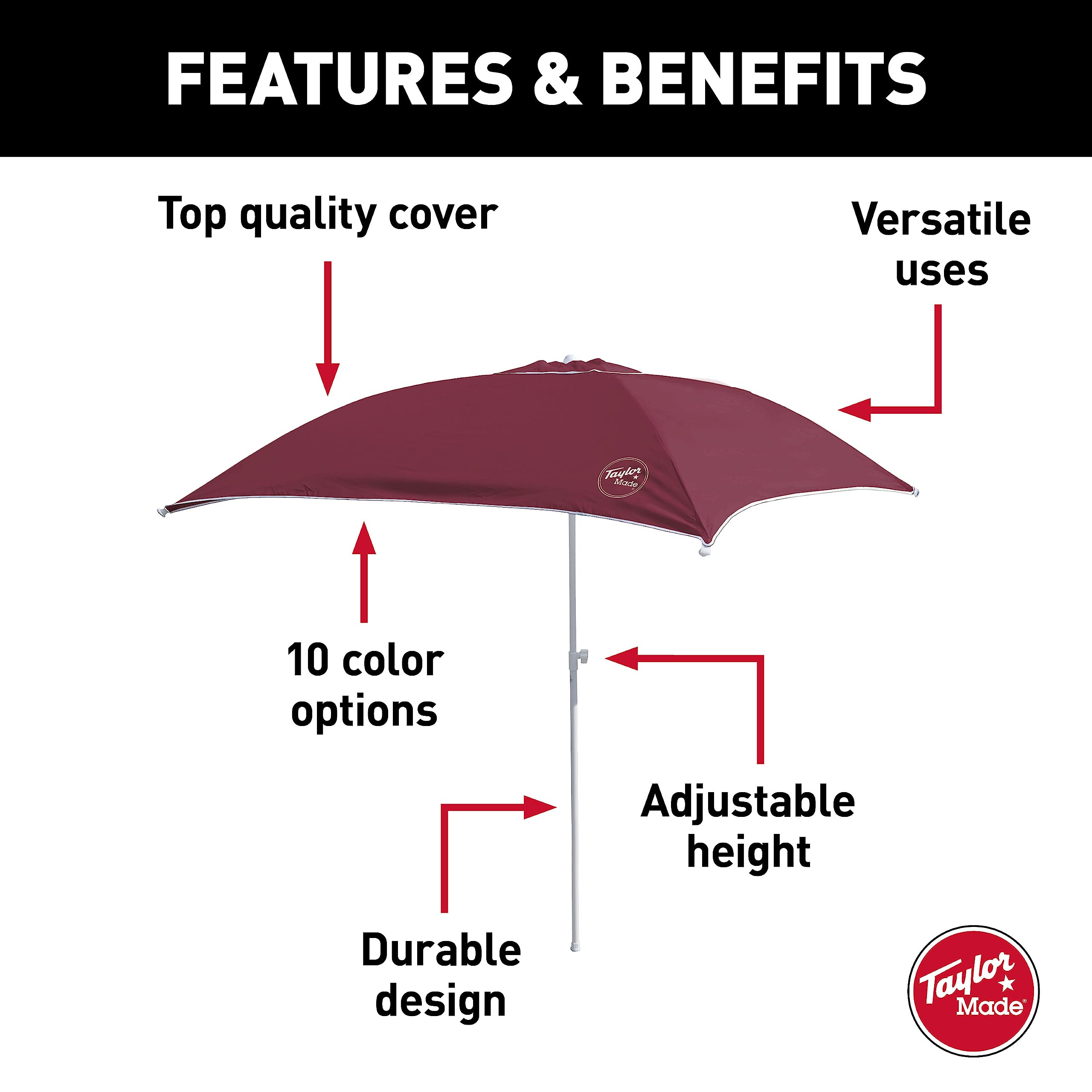 Taylor Made Anchorshade III Boat Shade, 6' x 6', Burgandy, Adjustable Aluminum Pole to 8 Feet, UV-Treated Fade-Resistant Nylon, Market-Style Top, Carrying Case, Fits Most Boats and Benches – 22056