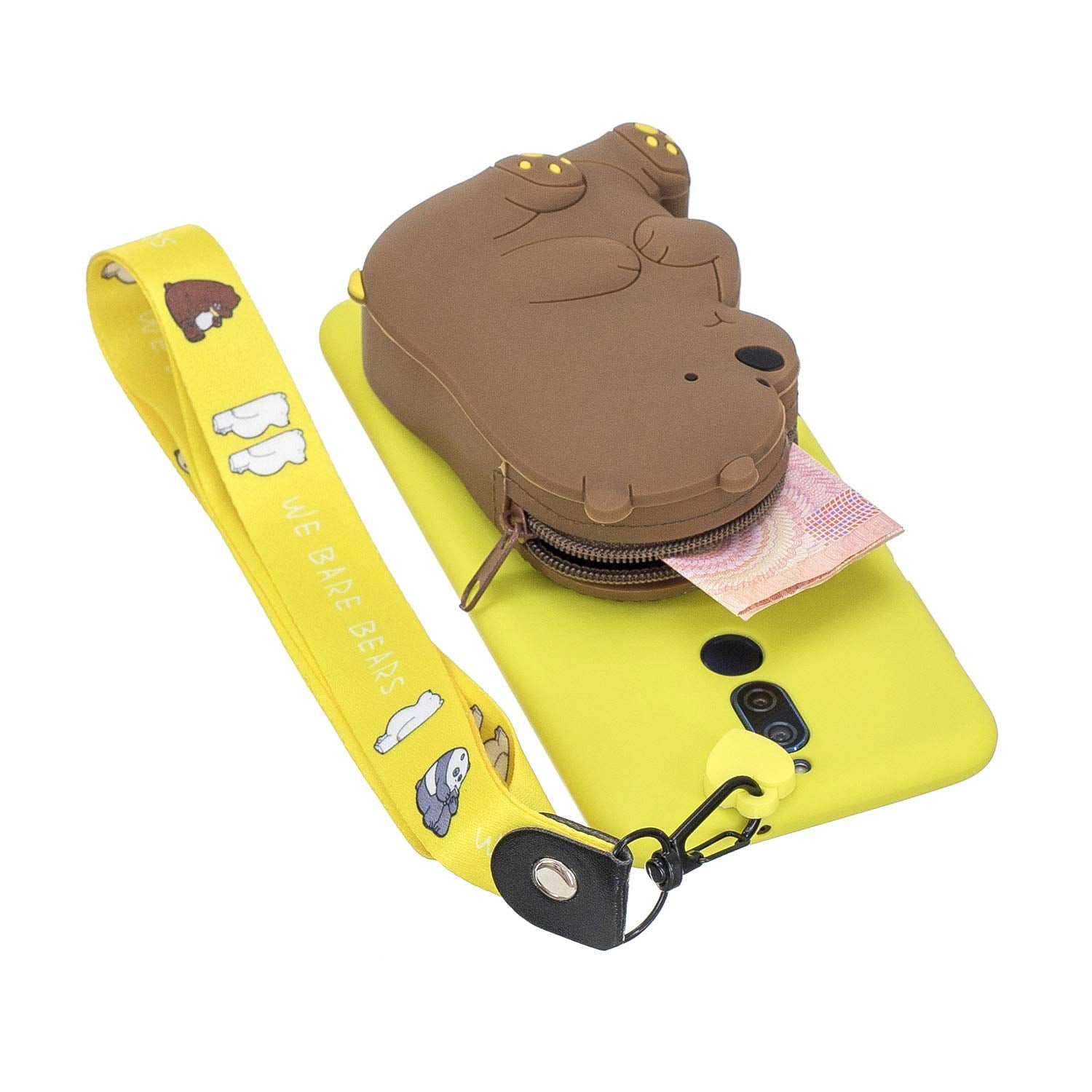Artfeel Wallet Case with Zipper Pocket Compatible with Huawei Mate 10 Lite,Cute 3D Cartoon Animal Soft Silicone TPU Back Cover and Neck Lanyard Strap Protective Cover,Yellow Brown Bear