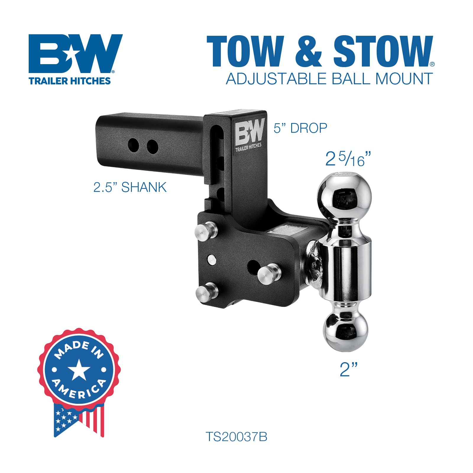 Tow & Stow B&W Trailer Hitches Adjustable Trailer Hitch Ball Mount - Fits 2.5" Receiver, Dual Ball (2" x 2-5/16"), 5" Drop, 18,000 GTW - TS20037B