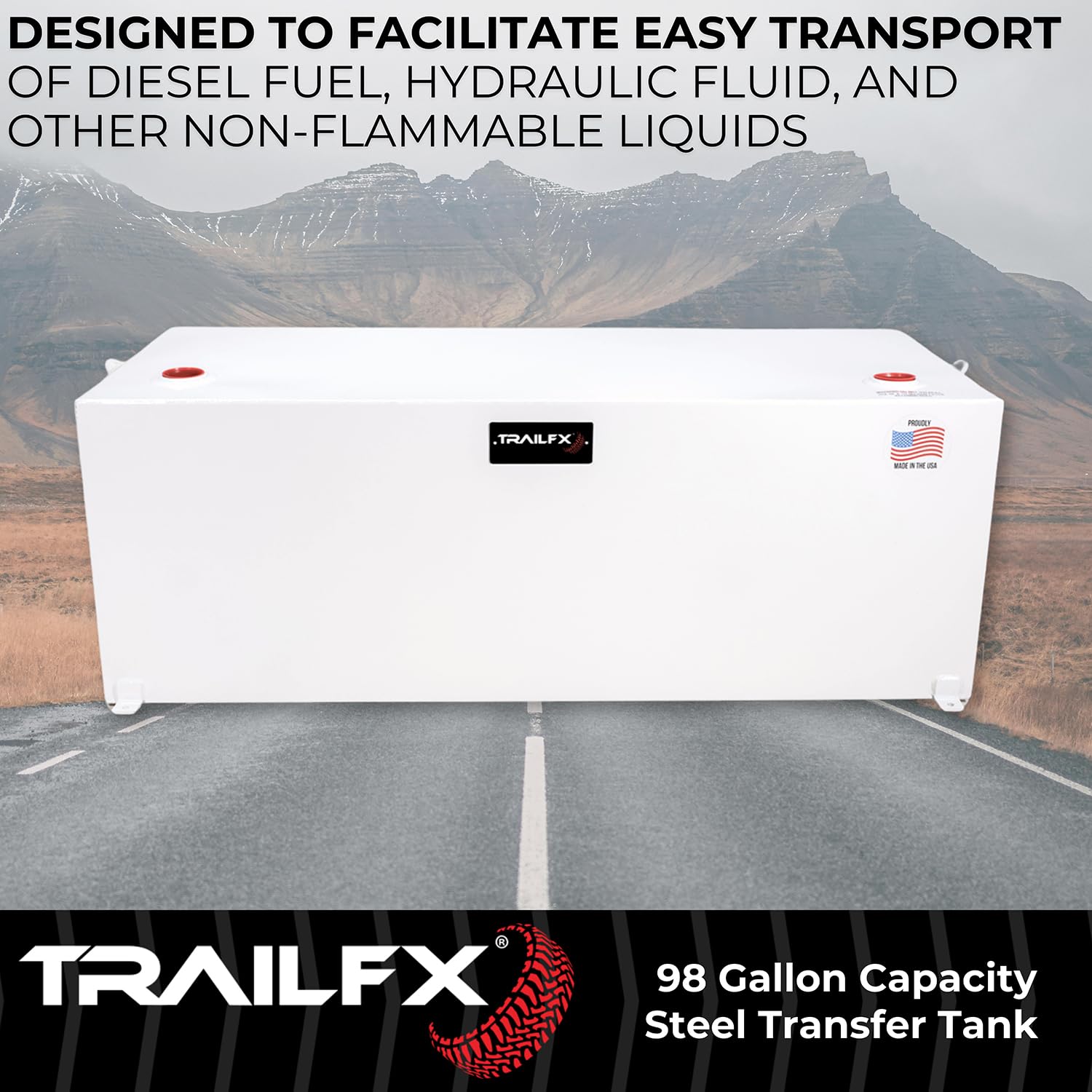 21098SW TrailFX Liquid Transfer Tank 98 Gallon Capacity Rectangular Steel Tank Gloss White Powder Coat Vented Lockable Cap For Diesel and Non-Flammable Liquids