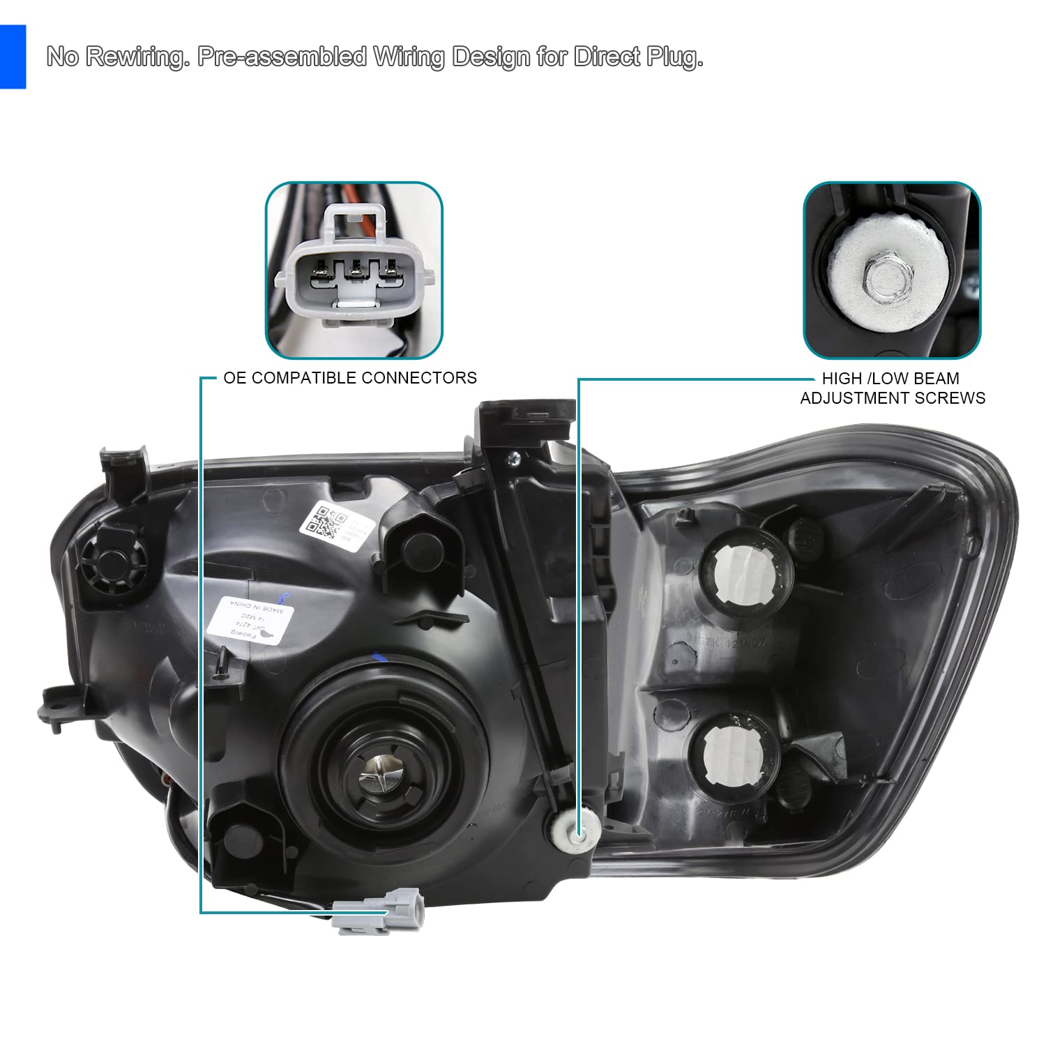 Black LED Tube Headlights + Corner Lights SPEC-D TUNING Compatible with 2005-2006 Toyota Tundra, Left + Right Pair Headlamps Assembly
