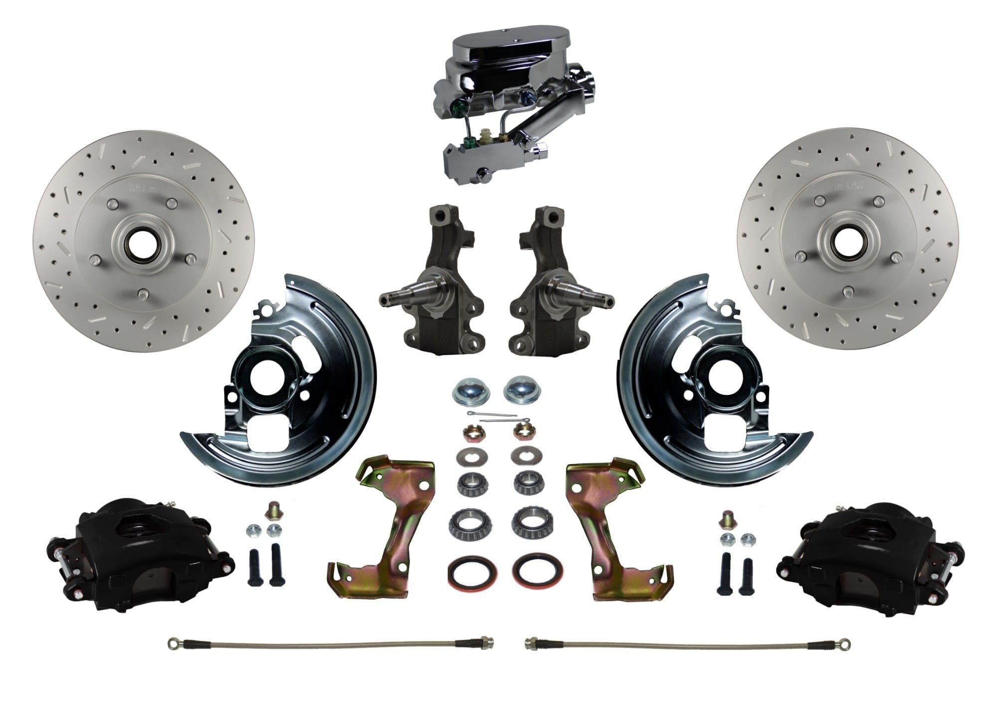 BRAKES LEED Manual Front Disc Brake Kit 2" Drop Spindle Drilled And Slotted Rotors Black Powder Coated Calipers With Chrome M/C Disc/Drum
