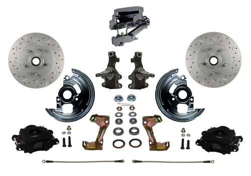 Manual LEED BRAKES Front Disc Brake Kit 2" Drop Spindle Drilled And Slotted Rotors Black Powder Coated Calipers Chrome M/C Disc/Disc